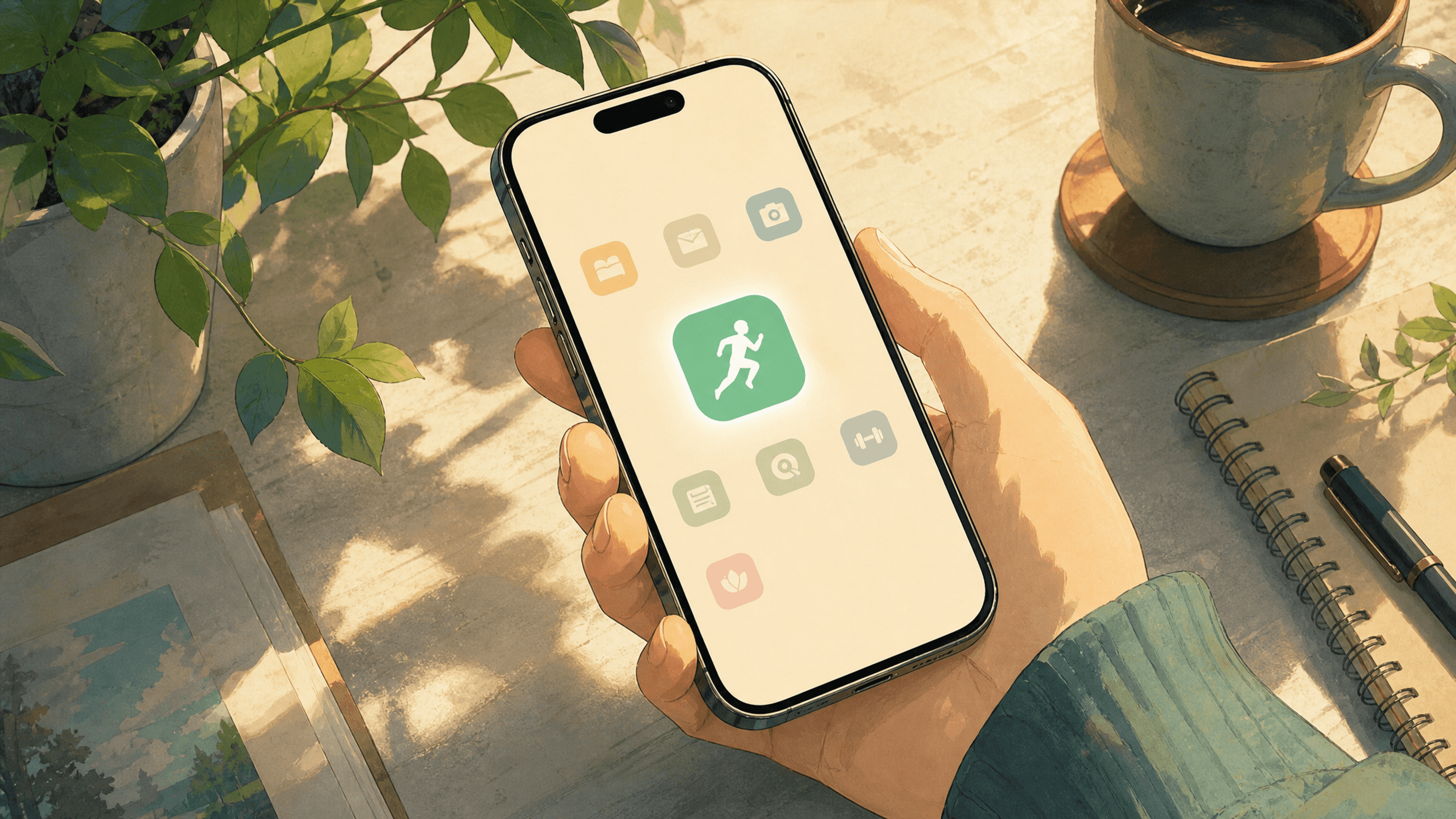 Mano sosteniendo un celular con el ícono de una app de entrenamiento en la pantalla, junto a una taza de café y una libreta
