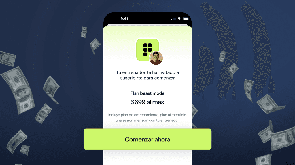 Pantalla de la app de un cliente con la invitación de su entrenador a suscribirse a un plan de $699 al mes y el botón para comenzar