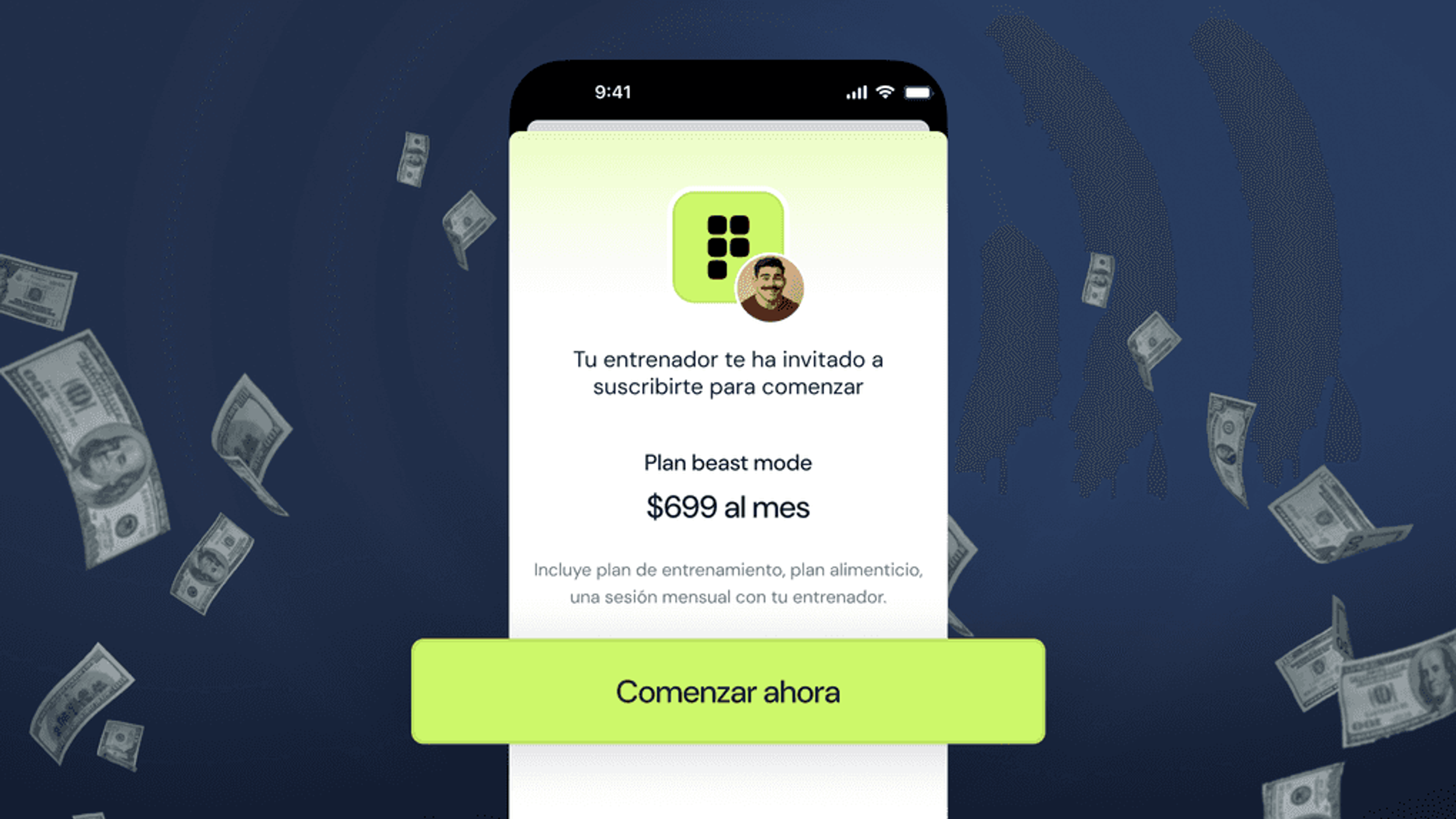 Pantalla de la app de un cliente con la invitación de su entrenador a suscribirse a un plan de $699 al mes y el botón para comenzar