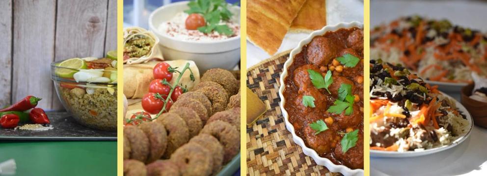 Four photos showing different meals including falafel, rice, meatballs and a second rice dish