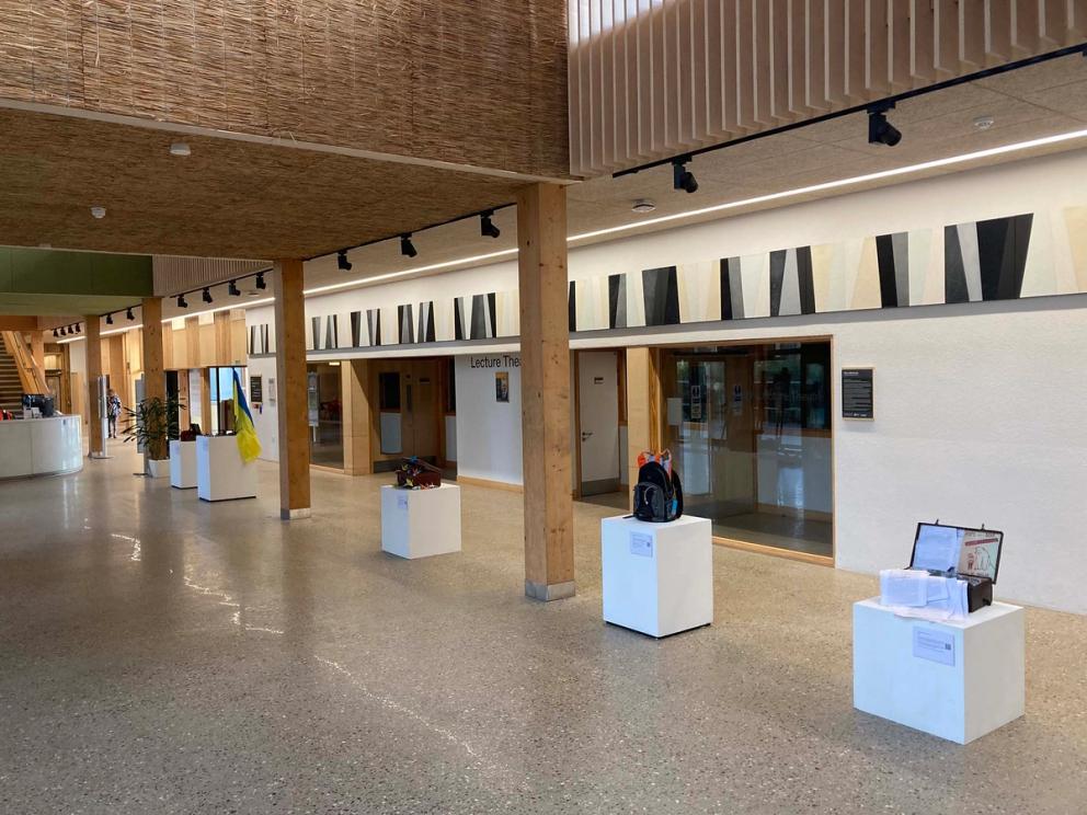 A photo of plinths with suitcases on them. Each suitcase is full of personal items.