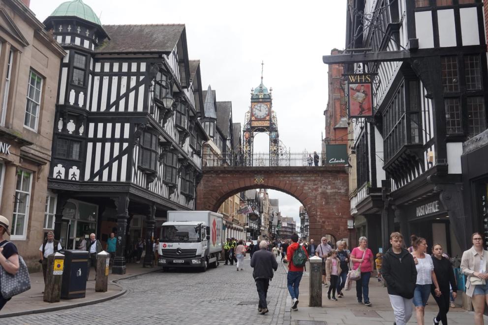 I took this picture when we went to Chester – my wife,  my daughter and I. It was the first time for us to travel  together in the UK. We didn’t have much time or money to get this kind of experience together as a  family before. I liked the city, the historical black and  white buildings, and the small bridge on top. The city is  old and is amazing. Moyassar Fedil