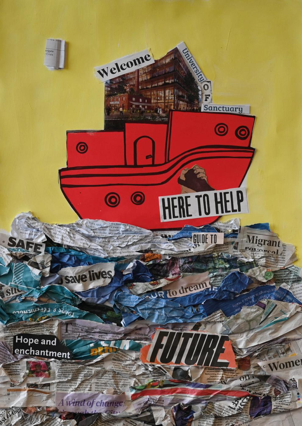 Mixed media artwork of a boat made of newspaper and paint