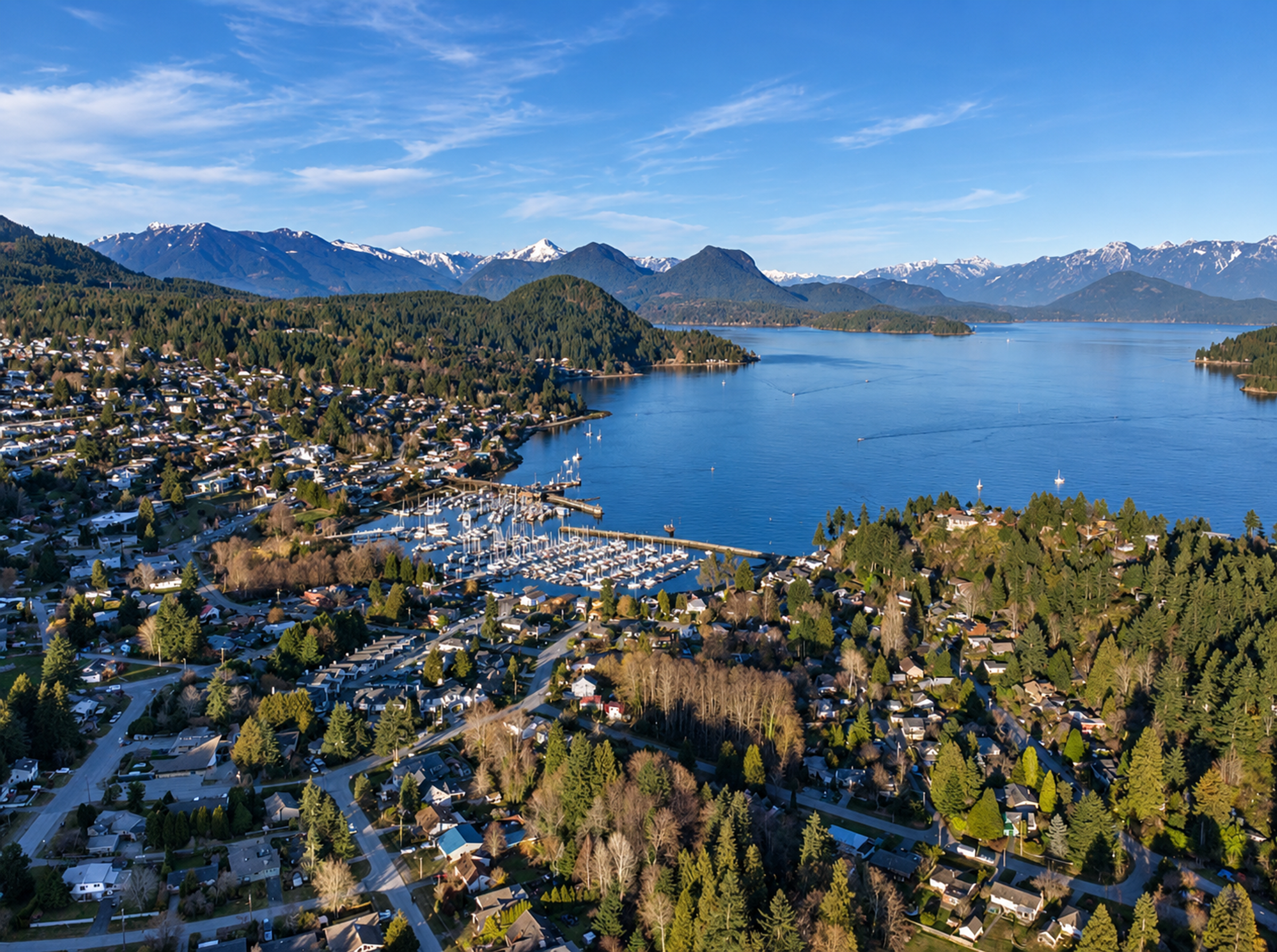 Gibsons harbour and Howe Sound from the air, looking toward the Coast Range