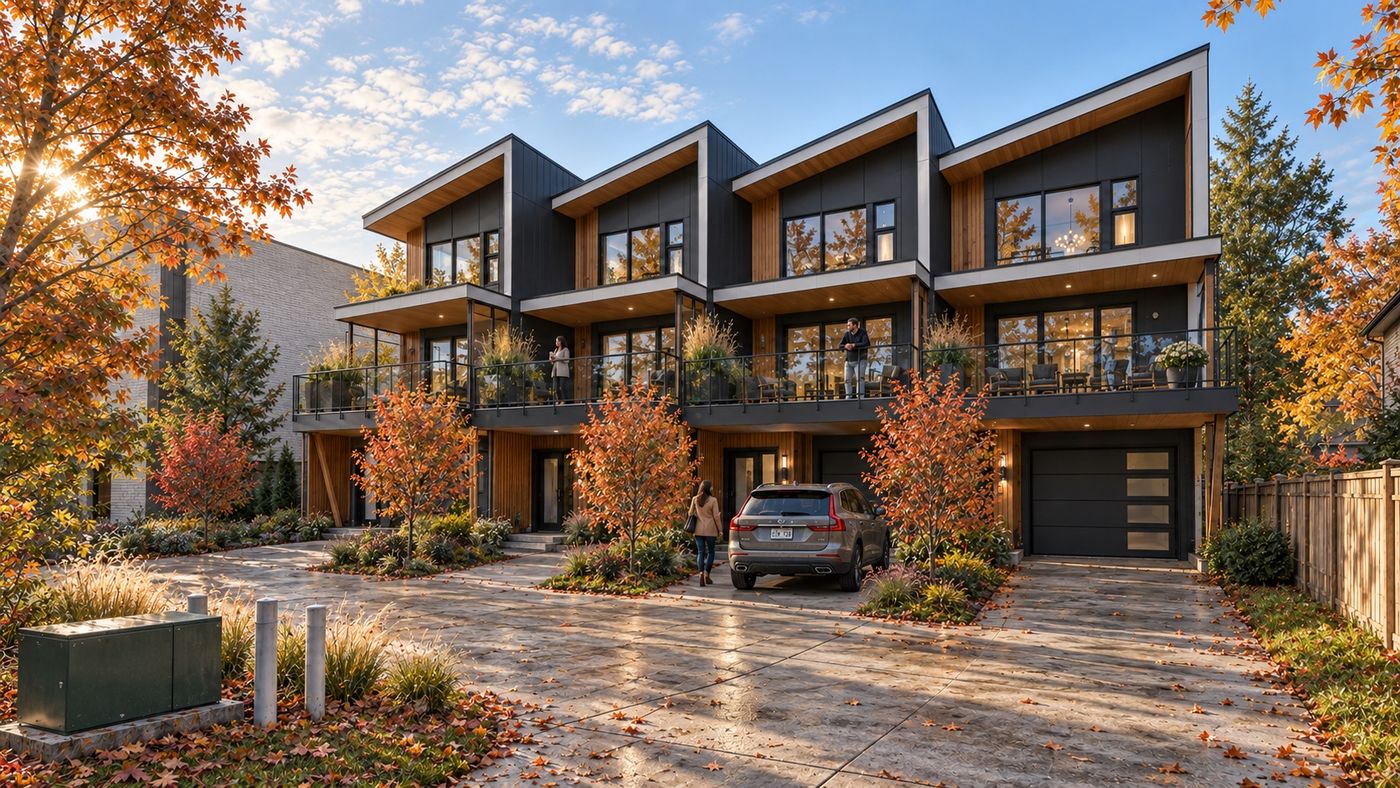 A completed three-storey fourplex on a small urban lot