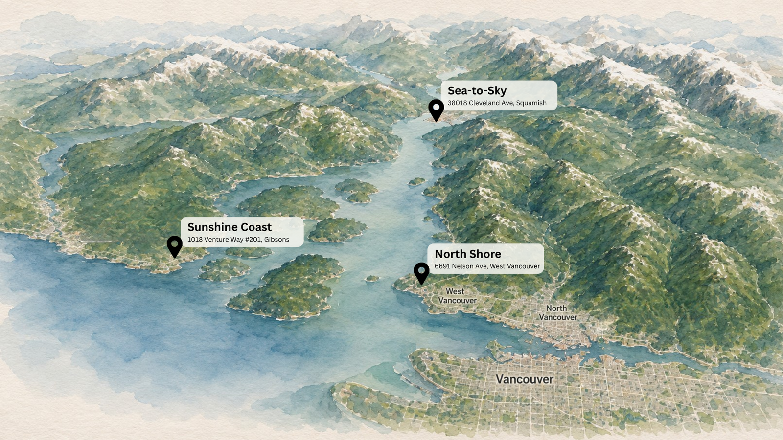 Watercolour map of Howe Sound and the Burrard Inlet with Landev's Sunshine Coast, Sea-to-Sky and North Shore offices marked