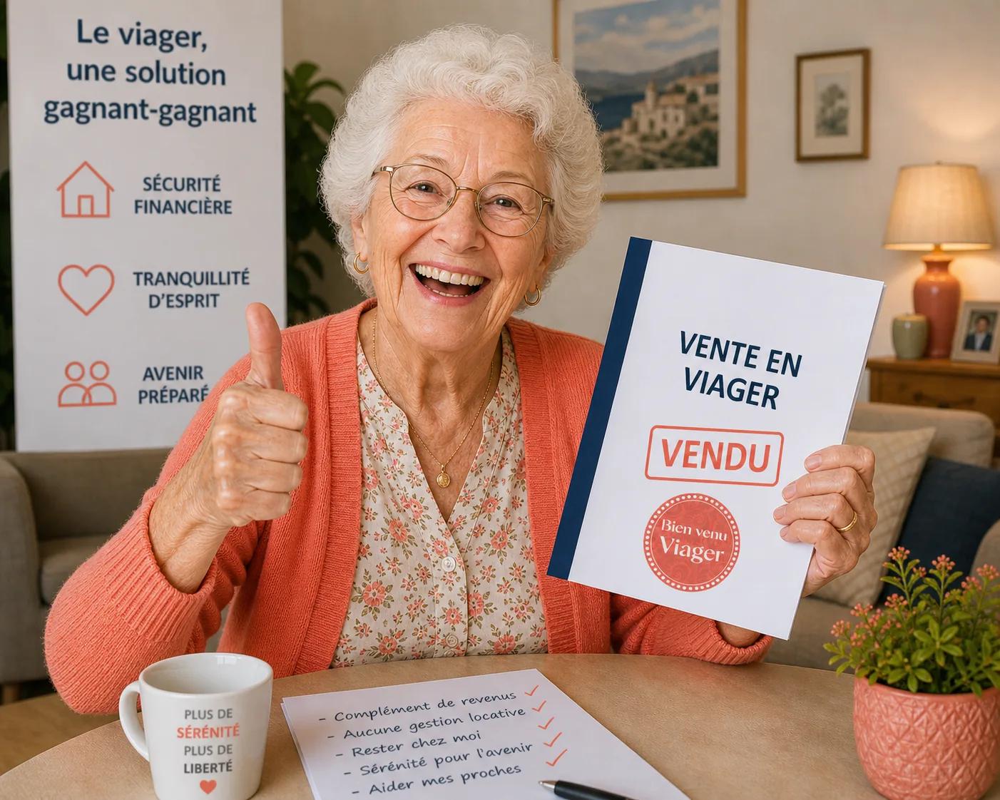 Une femme souriante tient une affiche « Vente en viager – Vendu » et lève le pouce.