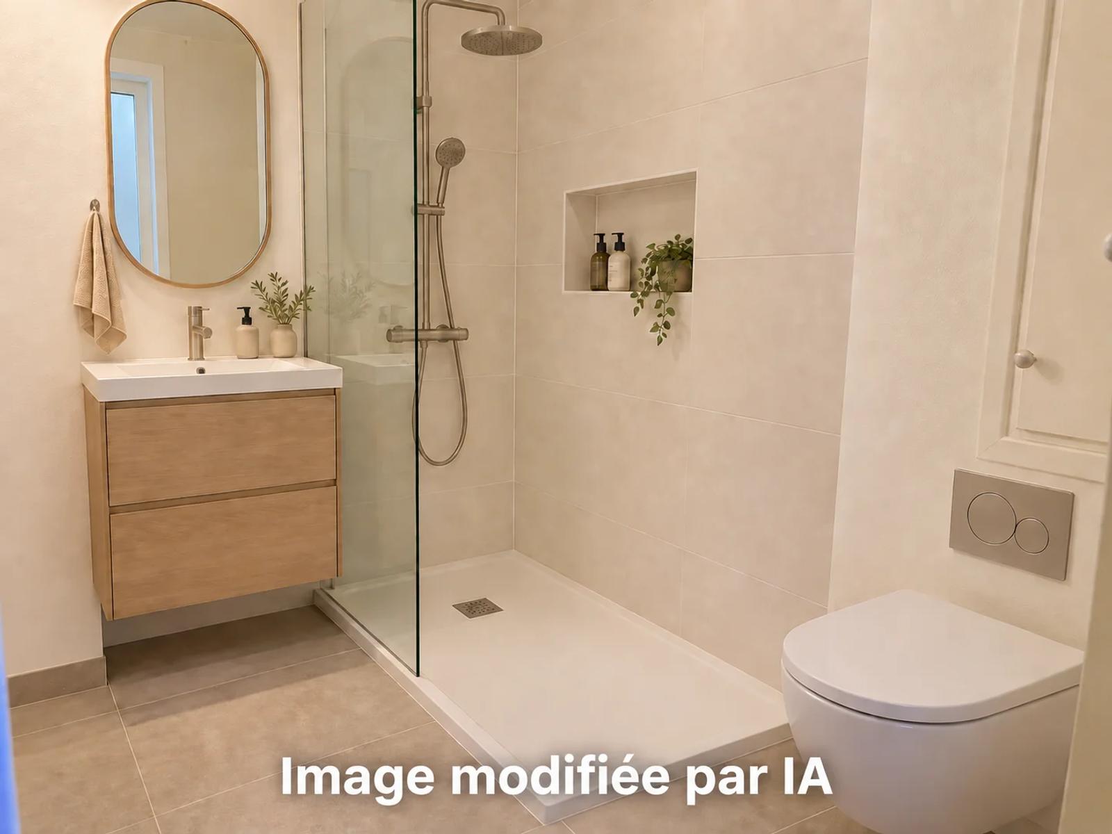 Projection de rénovation de la salle d’eau avec douche vitrée, image modifiée par IA — Carrières-sur-Seine.