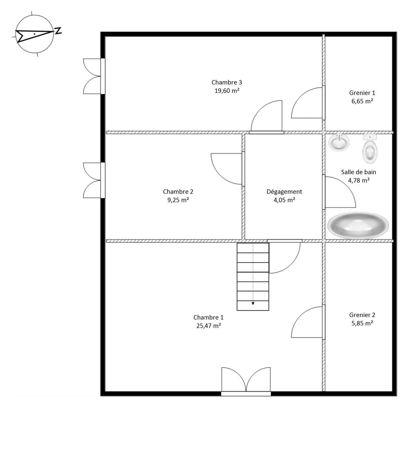 Plan de l’étage avec chambres et salle de bains — Les Clayes-sous-Bois.