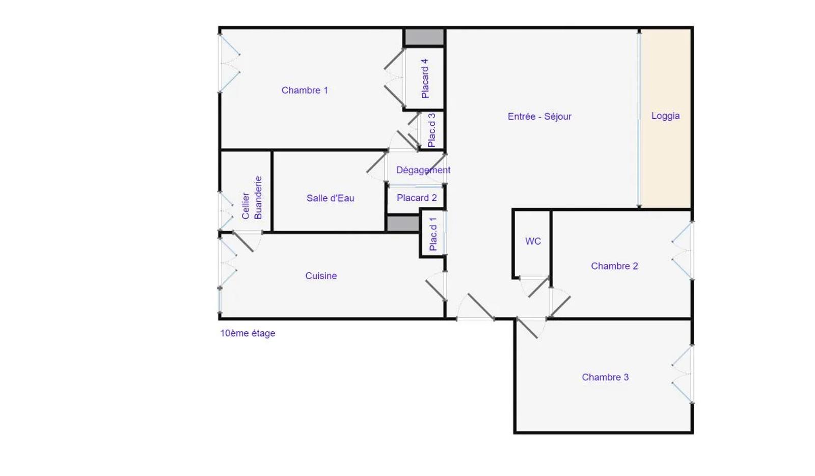 Plan de l’appartement avec trois chambres, double séjour et loggia — Meudon-la-Forêt.