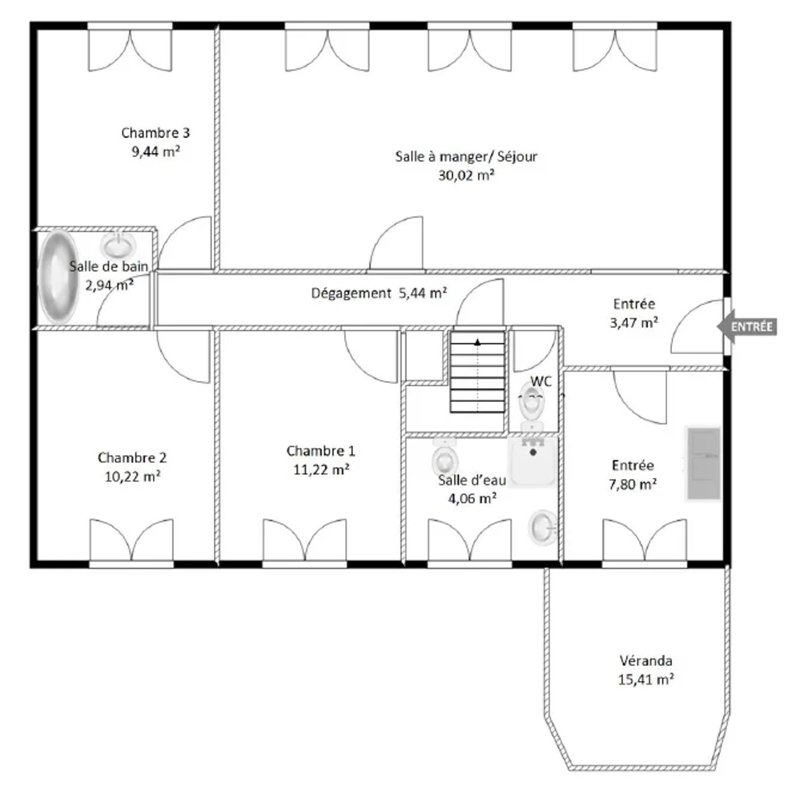 Plan de la maison avec séjour, trois chambres, cuisine et véranda — Maule.
