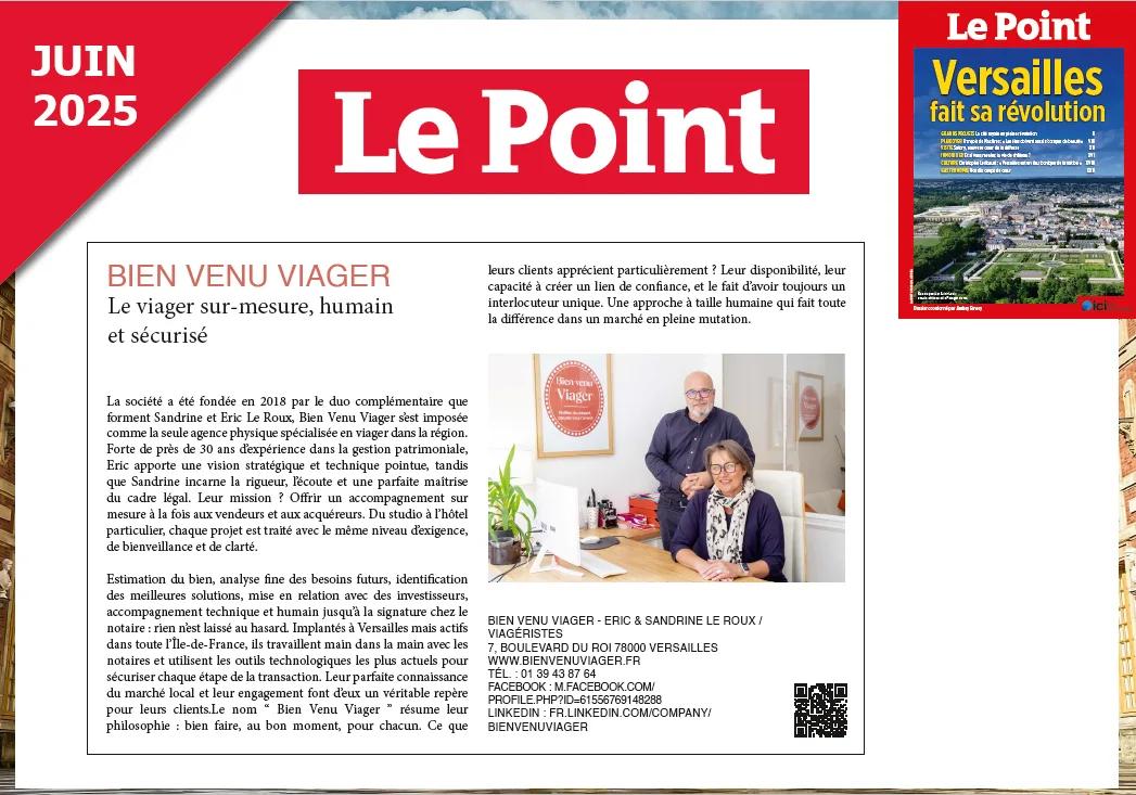 Page du Point de juin 2025 présentant Bien Venu Viager et ses fondateurs à Versailles.