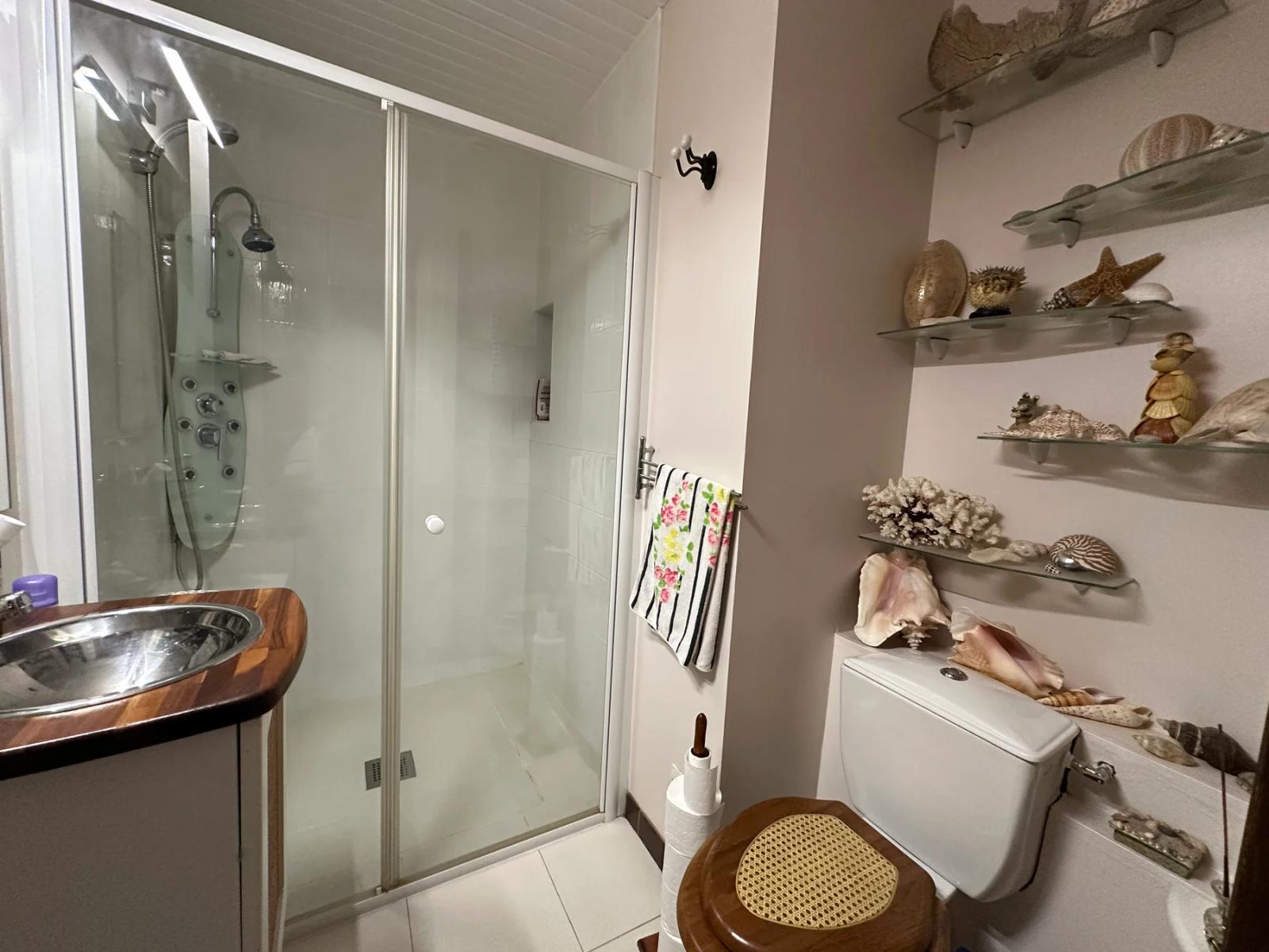 Salle d’eau avec cabine de douche, vasque et toilettes — Maule.