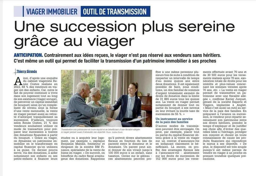 Coupure de presse intitulée « Une succession plus sereine grâce au viager », avec photo d’un rendez-vous entre seniors et conseillère.