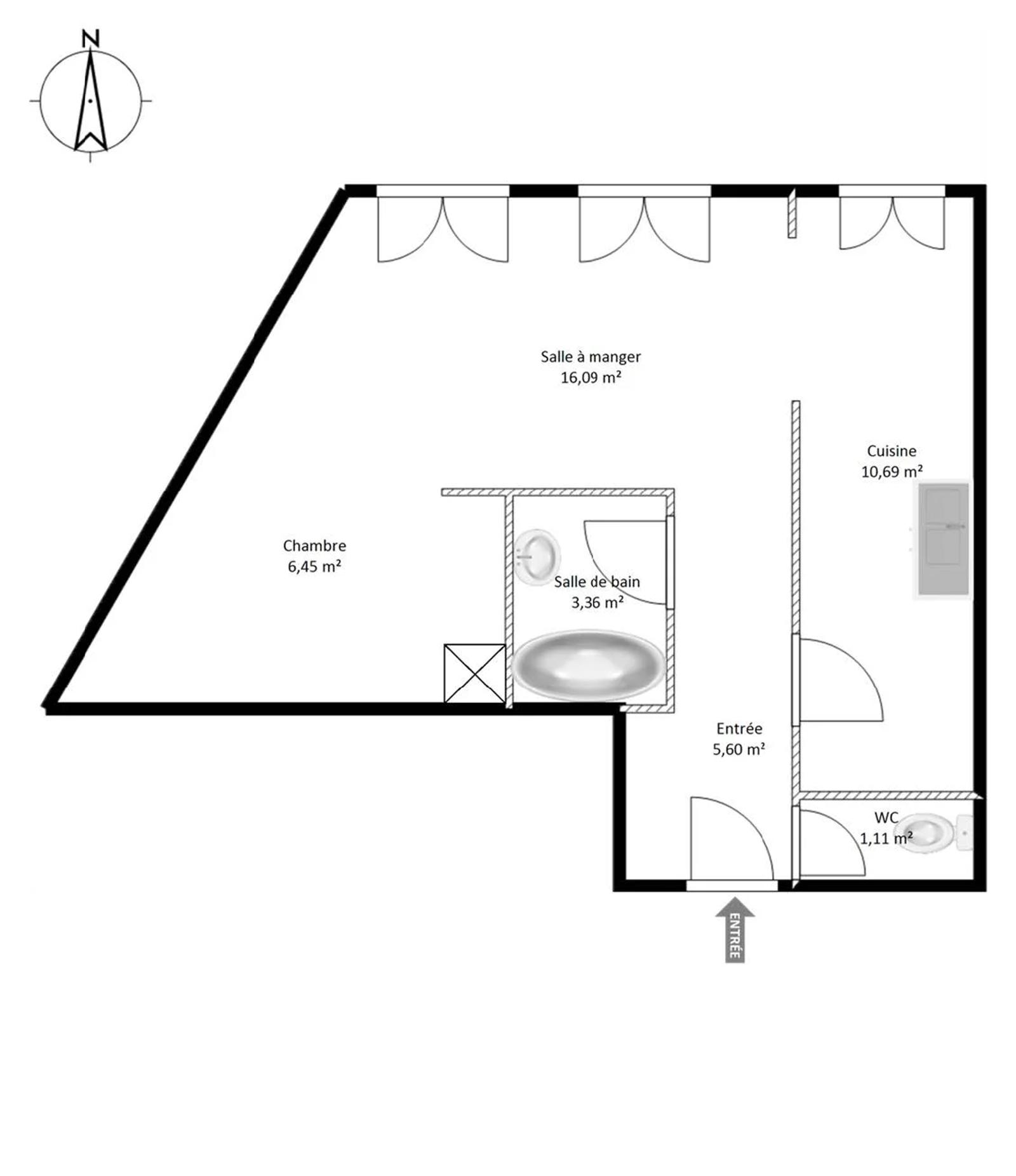Plan du studio avec séjour, coin nuit, cuisine et salle de bains — Versailles.