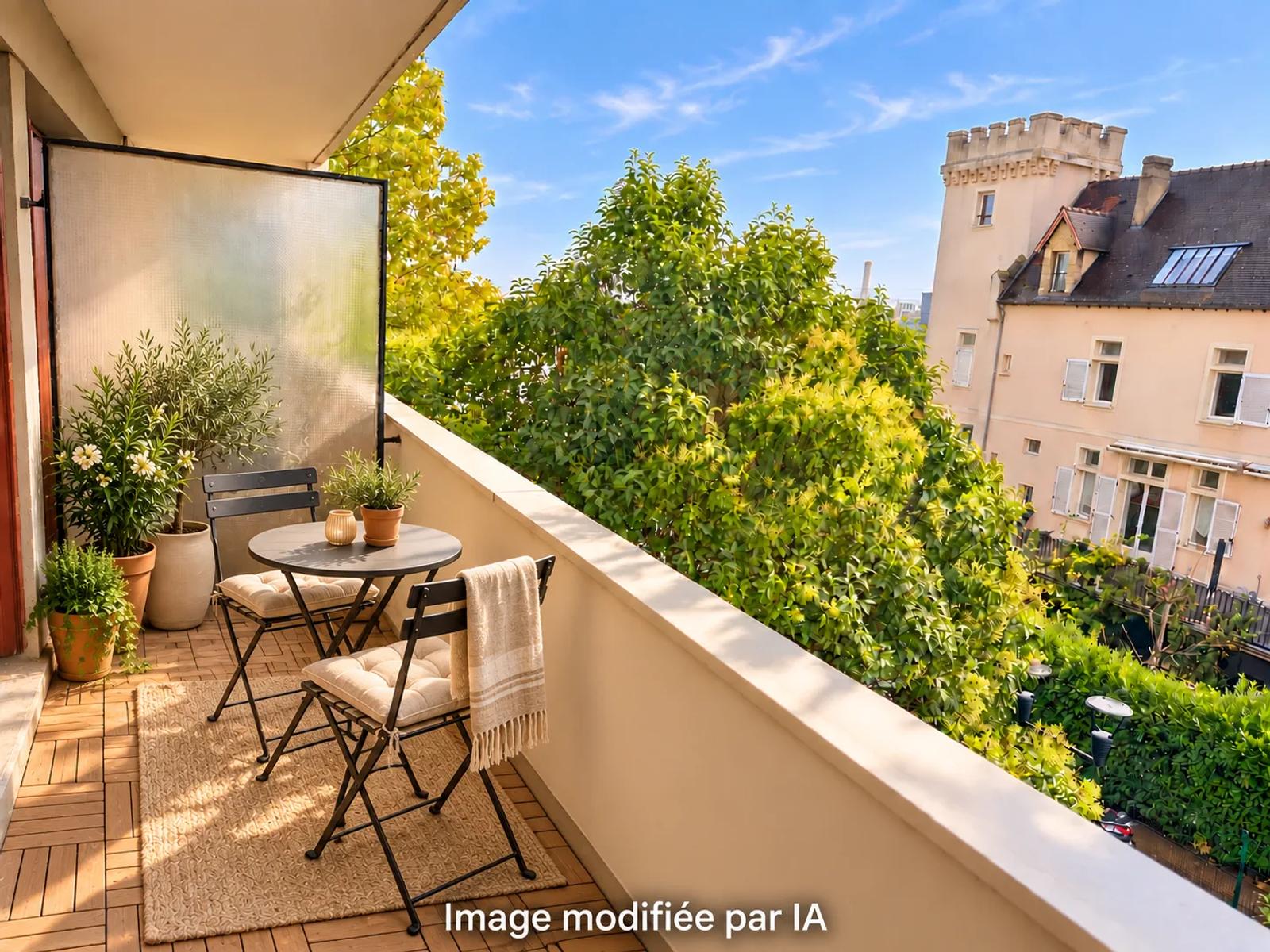 Projection d’aménagement du balcon avec table et plantes, image modifiée par IA — Carrières-sur-Seine.