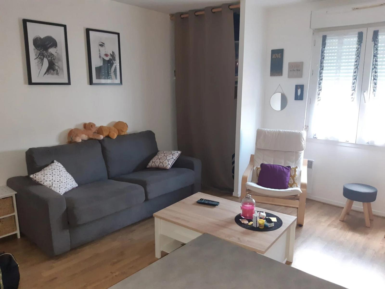 Salon avec canapé gris et parquet clair — Chaville.
