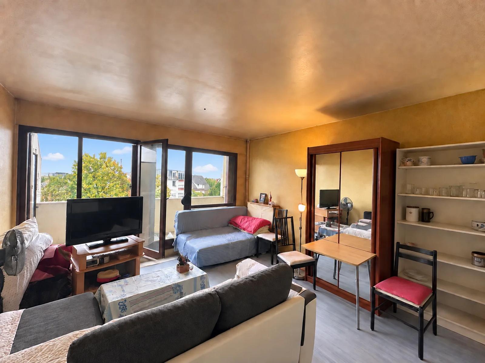 Pièce de vie du studio avec canapés, couchage et baie vitrée sur le balcon — Carrières-sur-Seine.