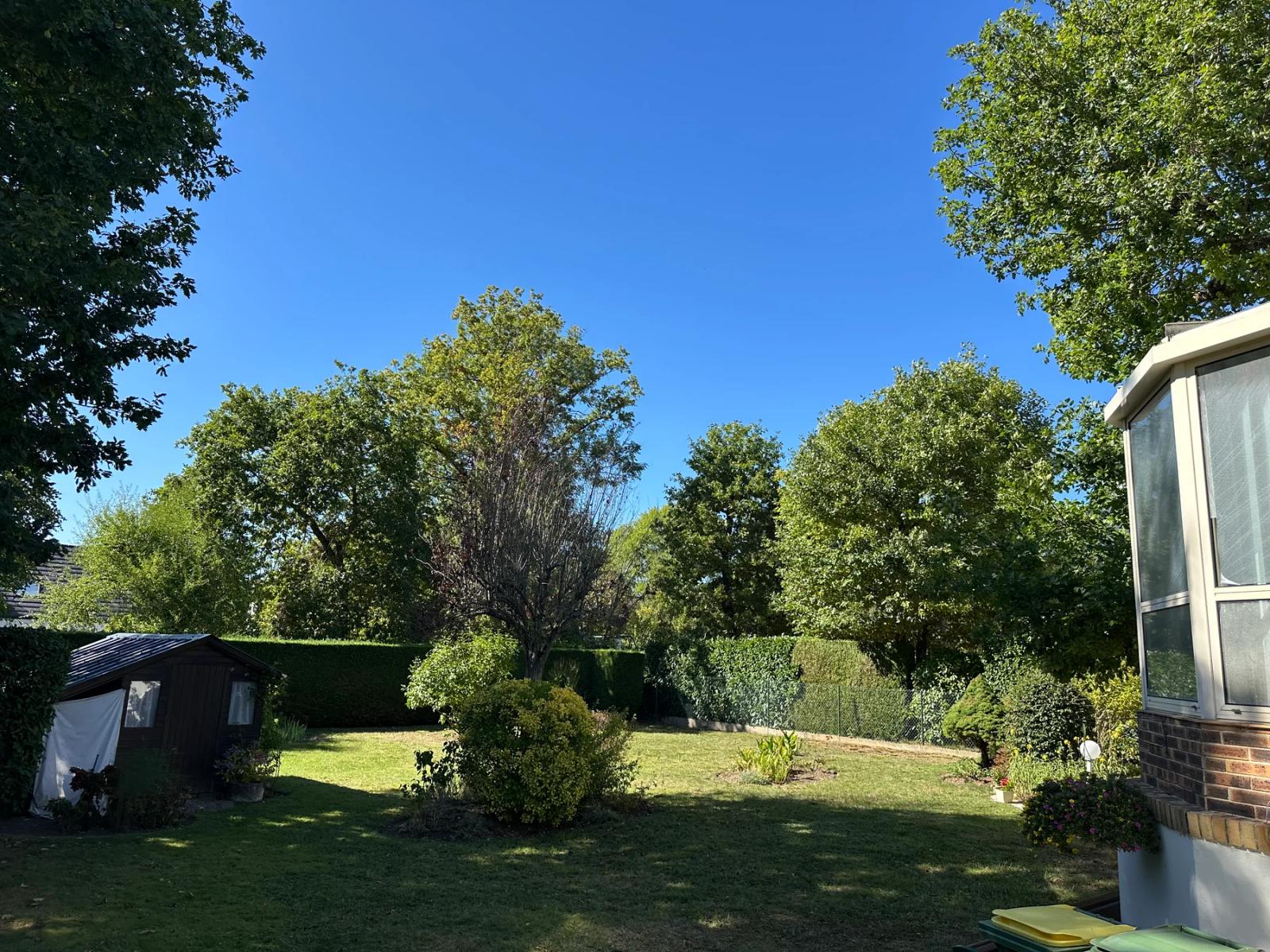 Pelouse et jardin arboré derrière la maison — Maule.