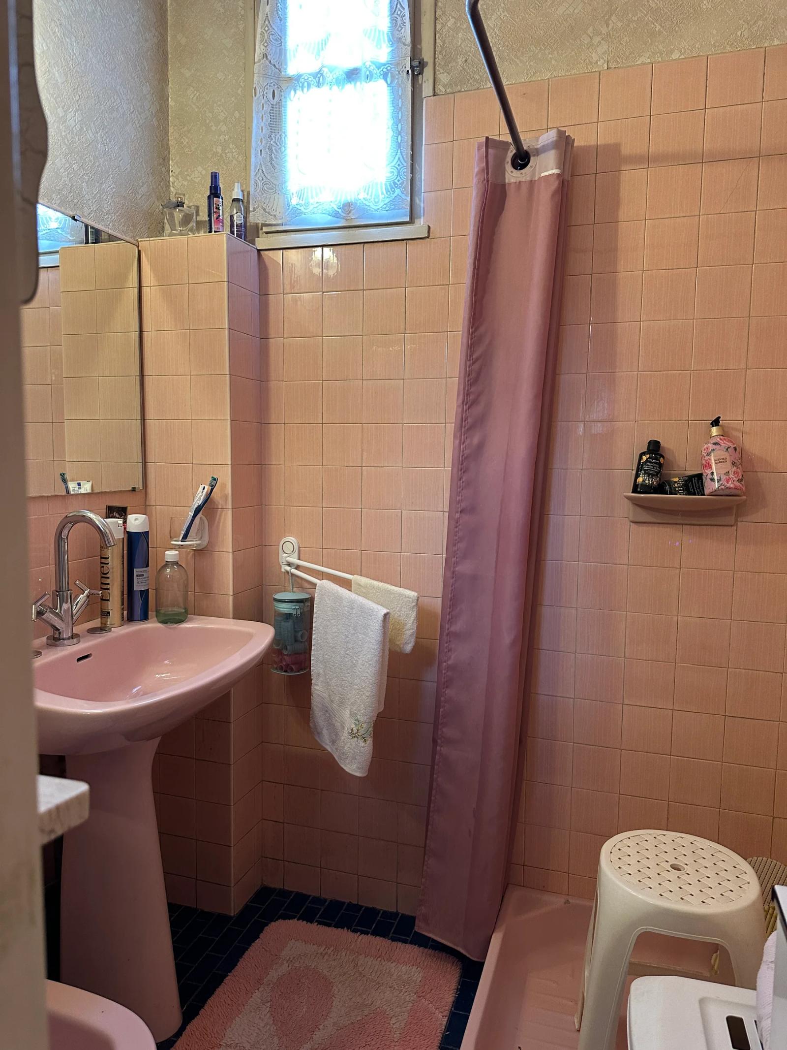 Salle d’eau avec lavabo rose et espace douche — Les Clayes-sous-Bois.