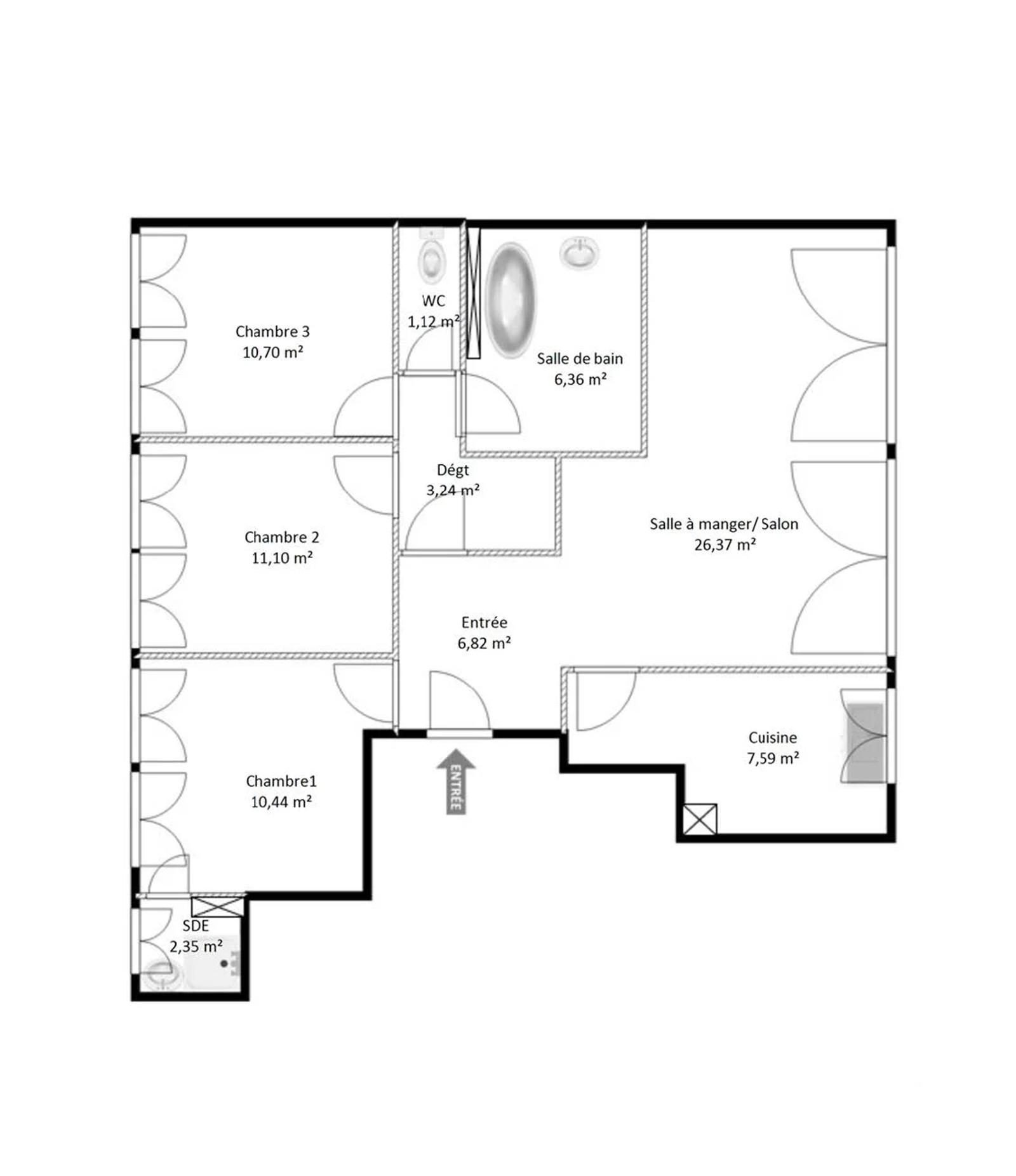 Plan de l’appartement avec séjour, cuisine, chambres et pièces d’eau — La Celle-Saint-Cloud.