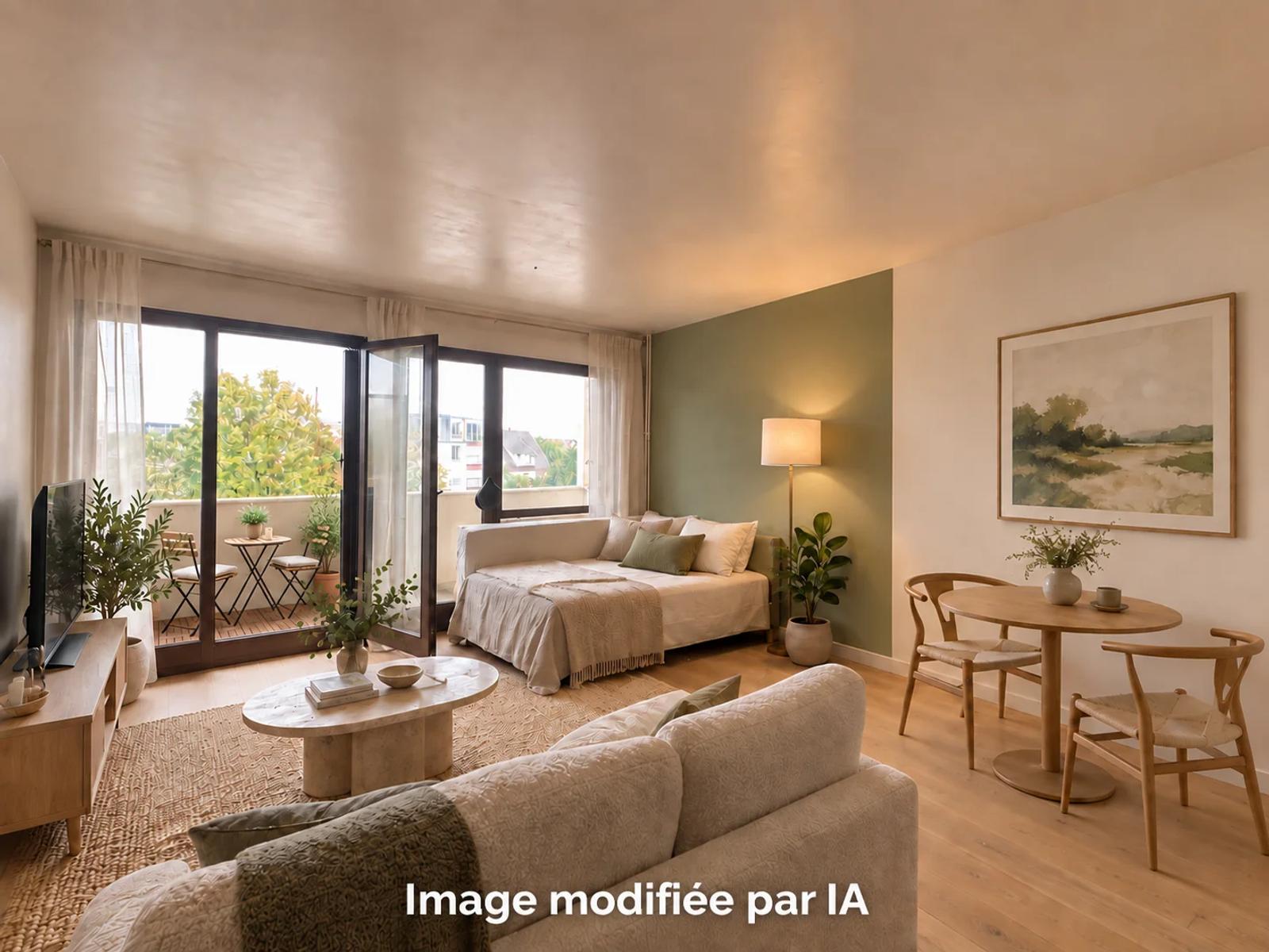 Projection d’aménagement de la pièce de vie avec coin nuit et coin repas, image modifiée par IA — Carrières-sur-Seine.