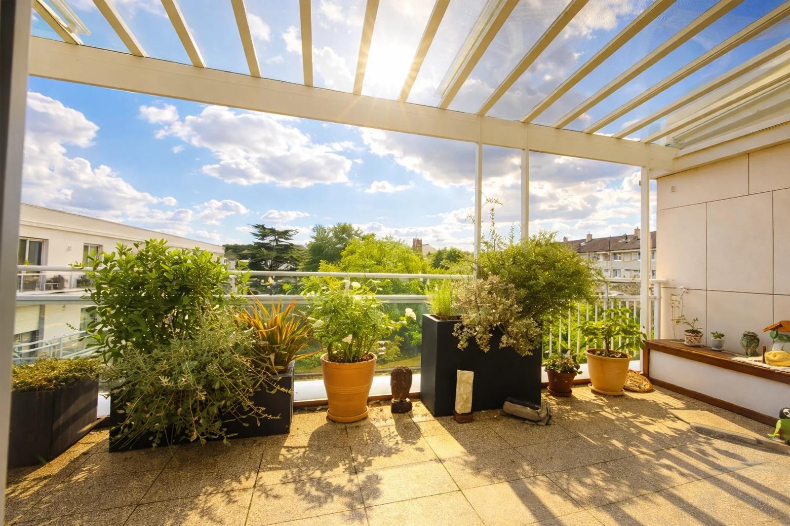 Coin terrasse ensoleillé sous la pergola, avec bambous en pots — Croissy-sur-Seine.