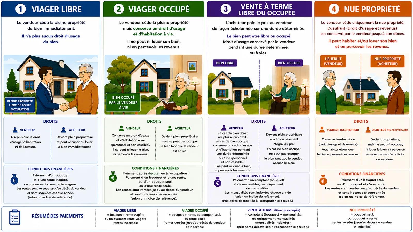 Infographie comparant le viager libre, le viager occupé, la vente à terme et la nue-propriété.