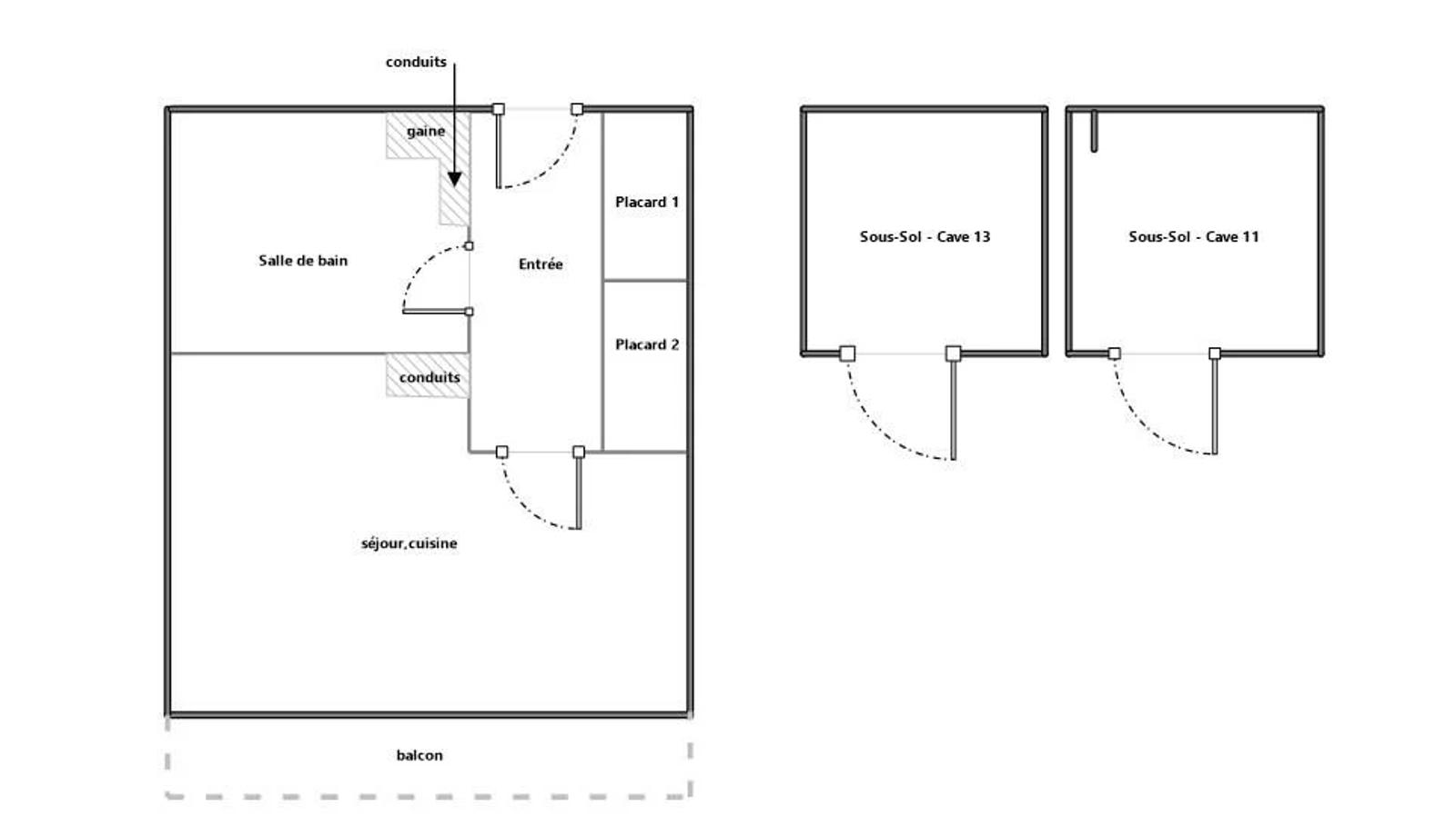Plan du studio avec balcon et plans des deux caves — Carrières-sur-Seine.