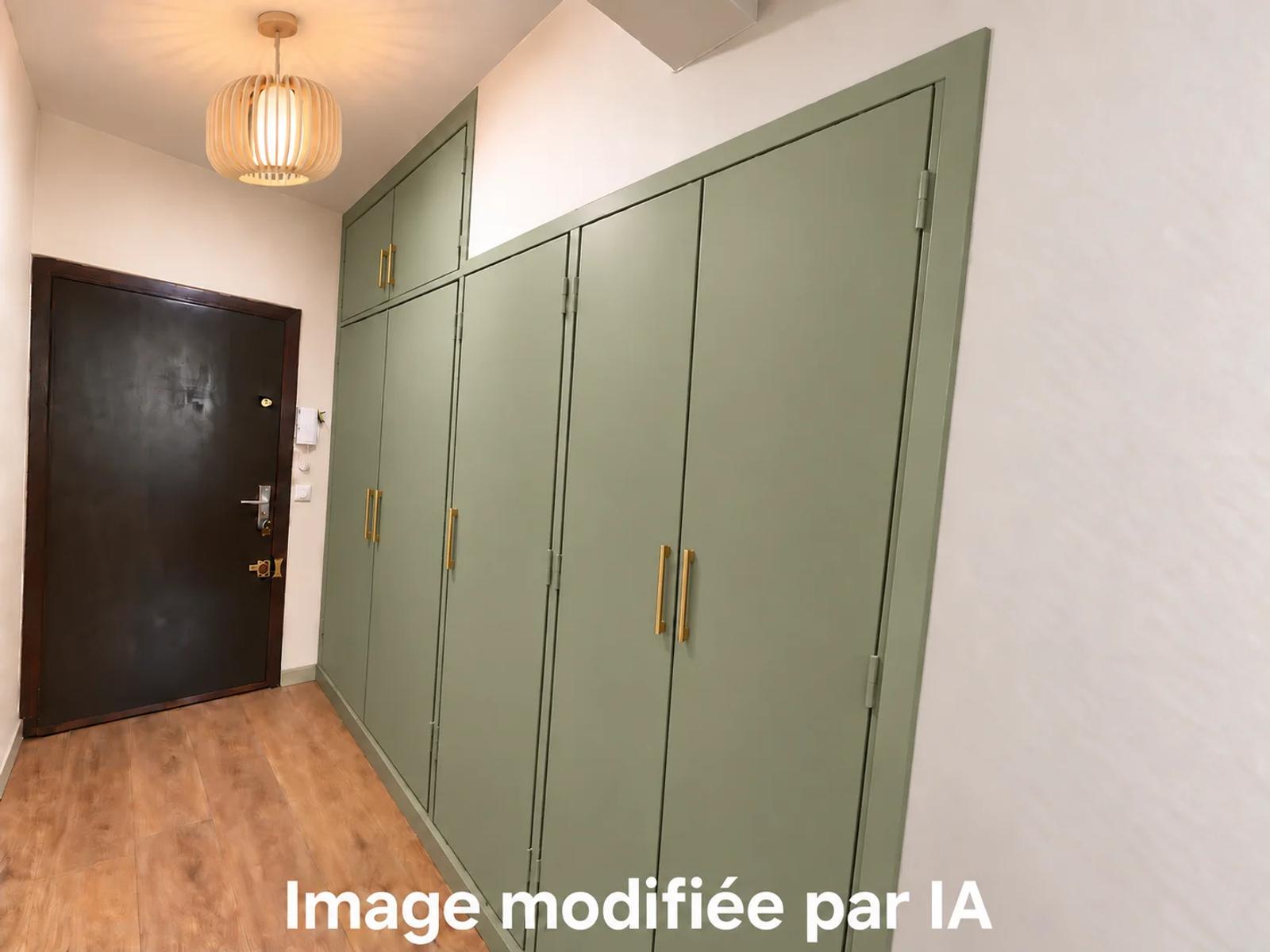 Projection de rénovation de l’entrée avec placards verts, image modifiée par IA — Carrières-sur-Seine.