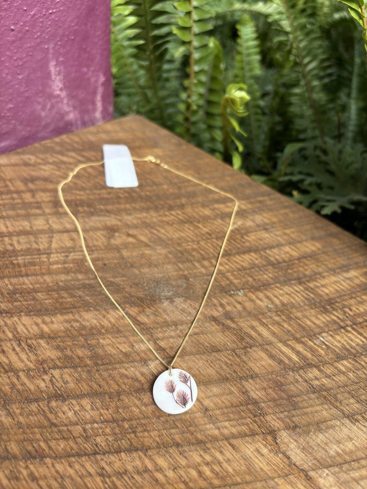 Protea Branch Round Pendant Necklace