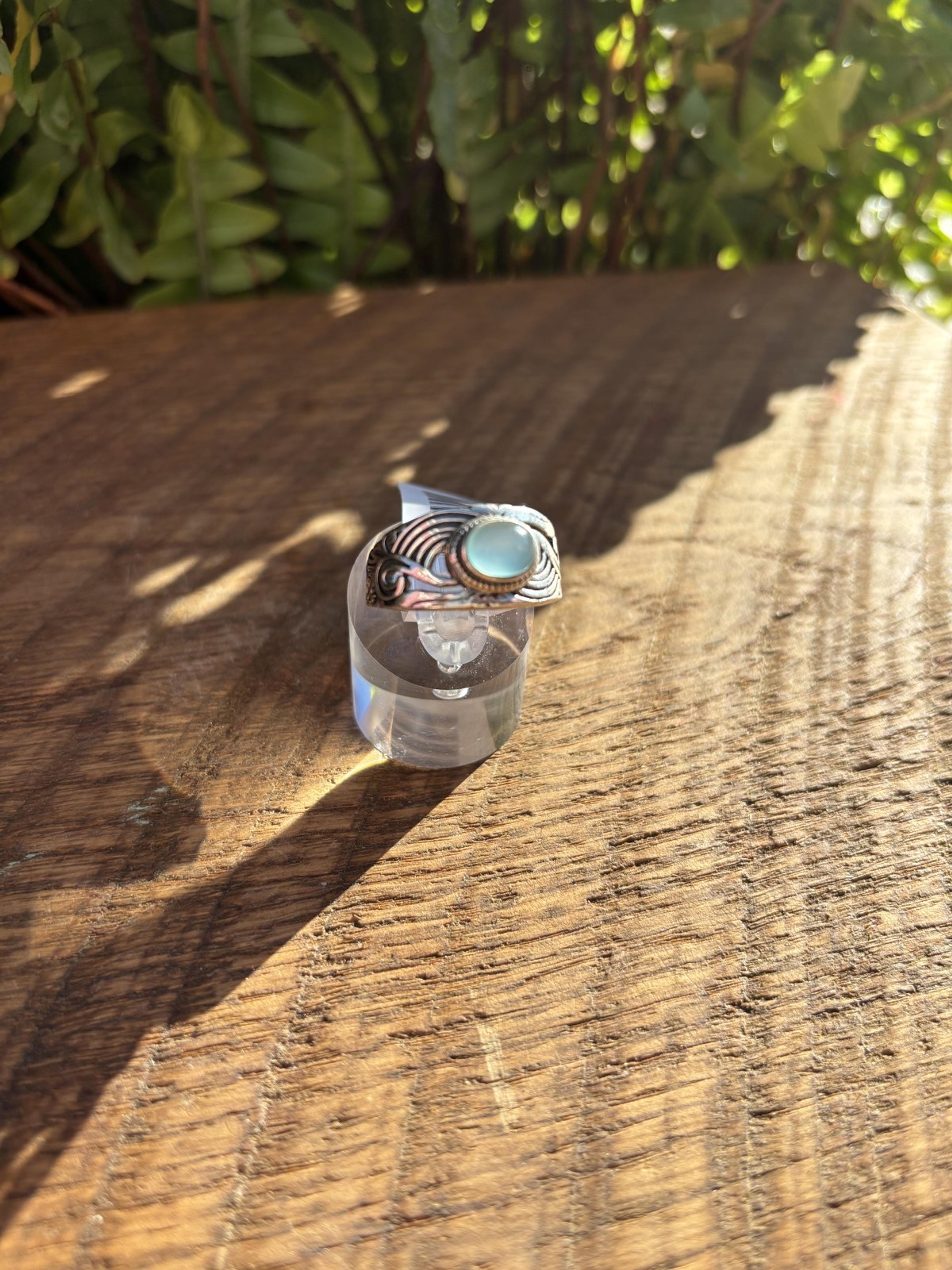 Aqua Chalcedony Ring in Ornate Cast Band