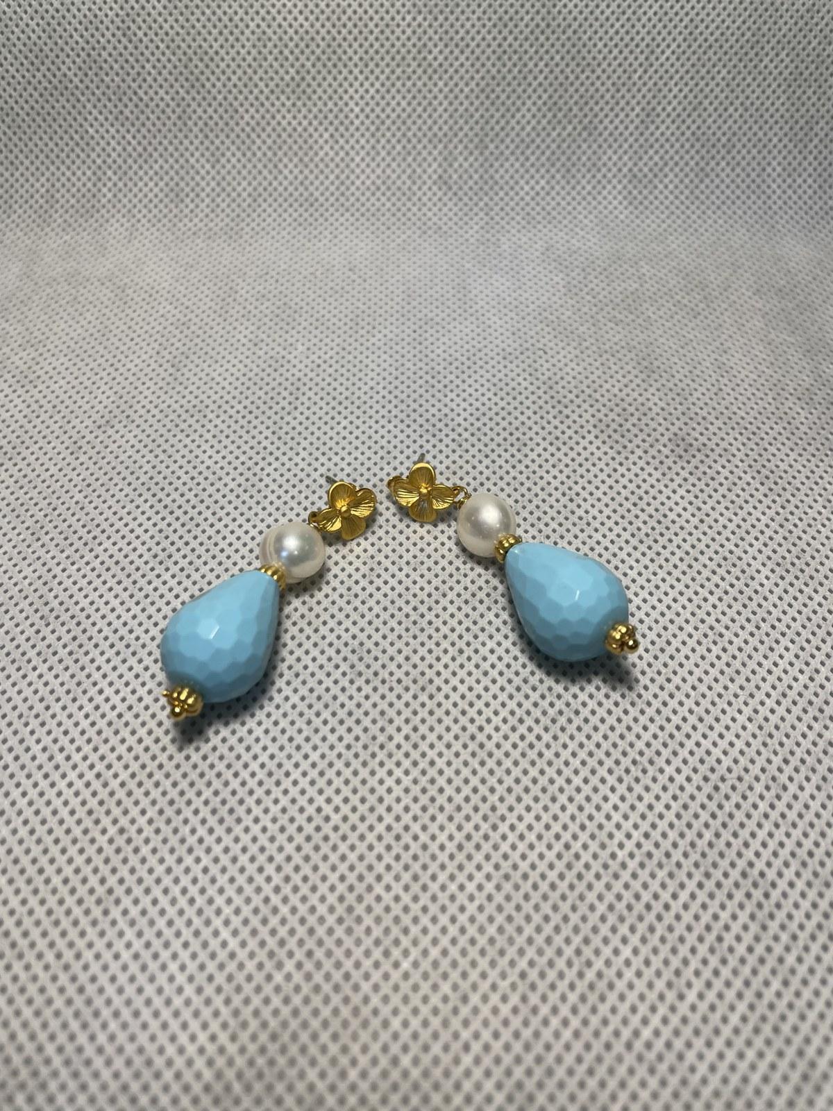 Sky Blue Faceted Teardrop with Pearl Accent Jolly Earrings