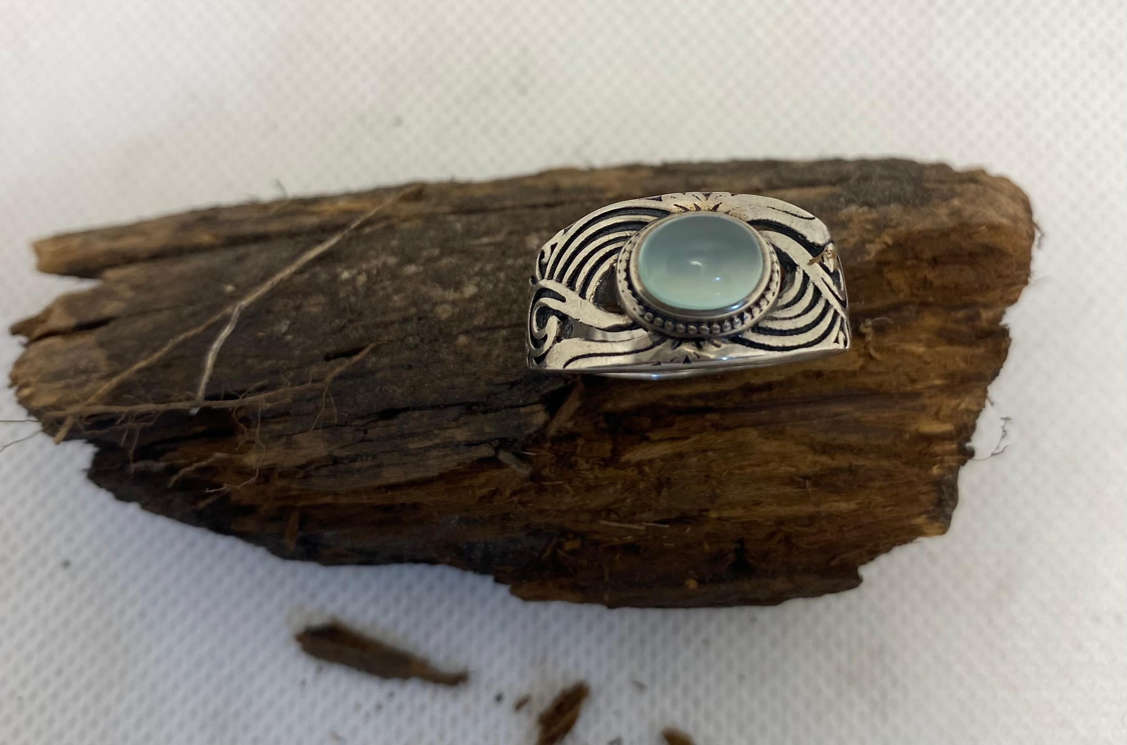 Aqua Chalcedony Ring in Ornate Cast Band