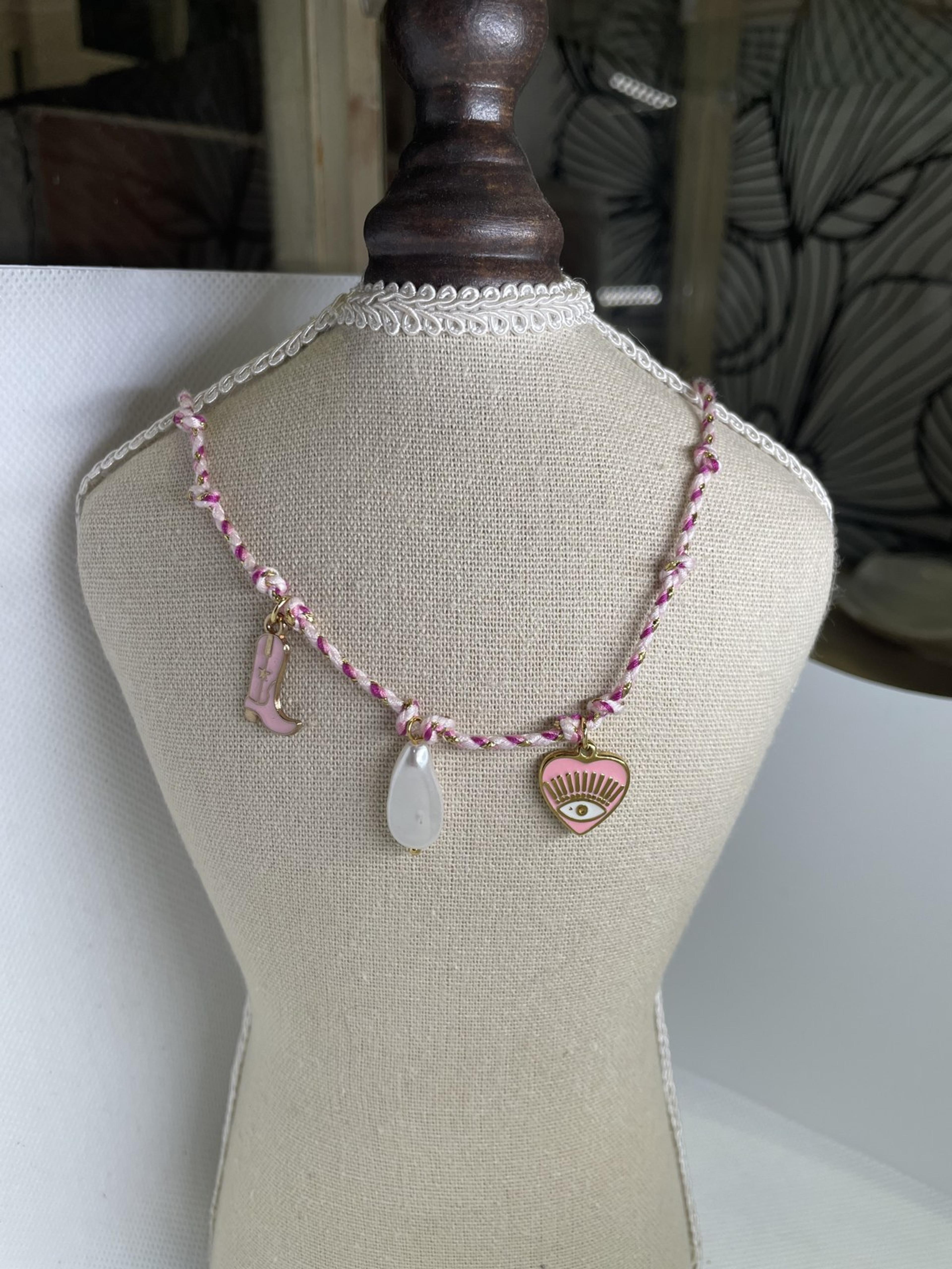 Pink Cord Necklace with Cowboy Boot and Evil Eye Heart Charms