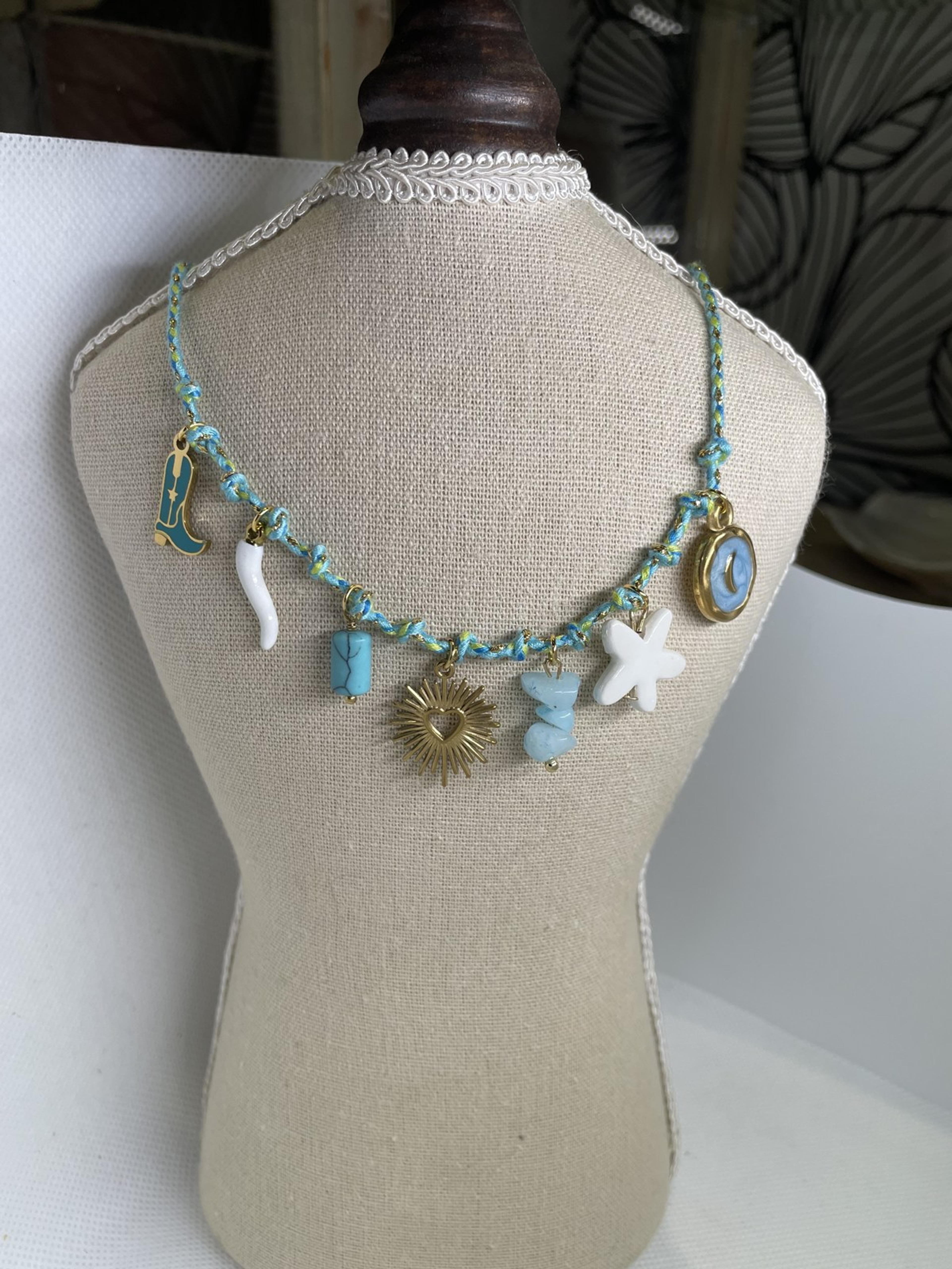 Blue-Green Cord Necklace with Starfish and Turquoise Charms
