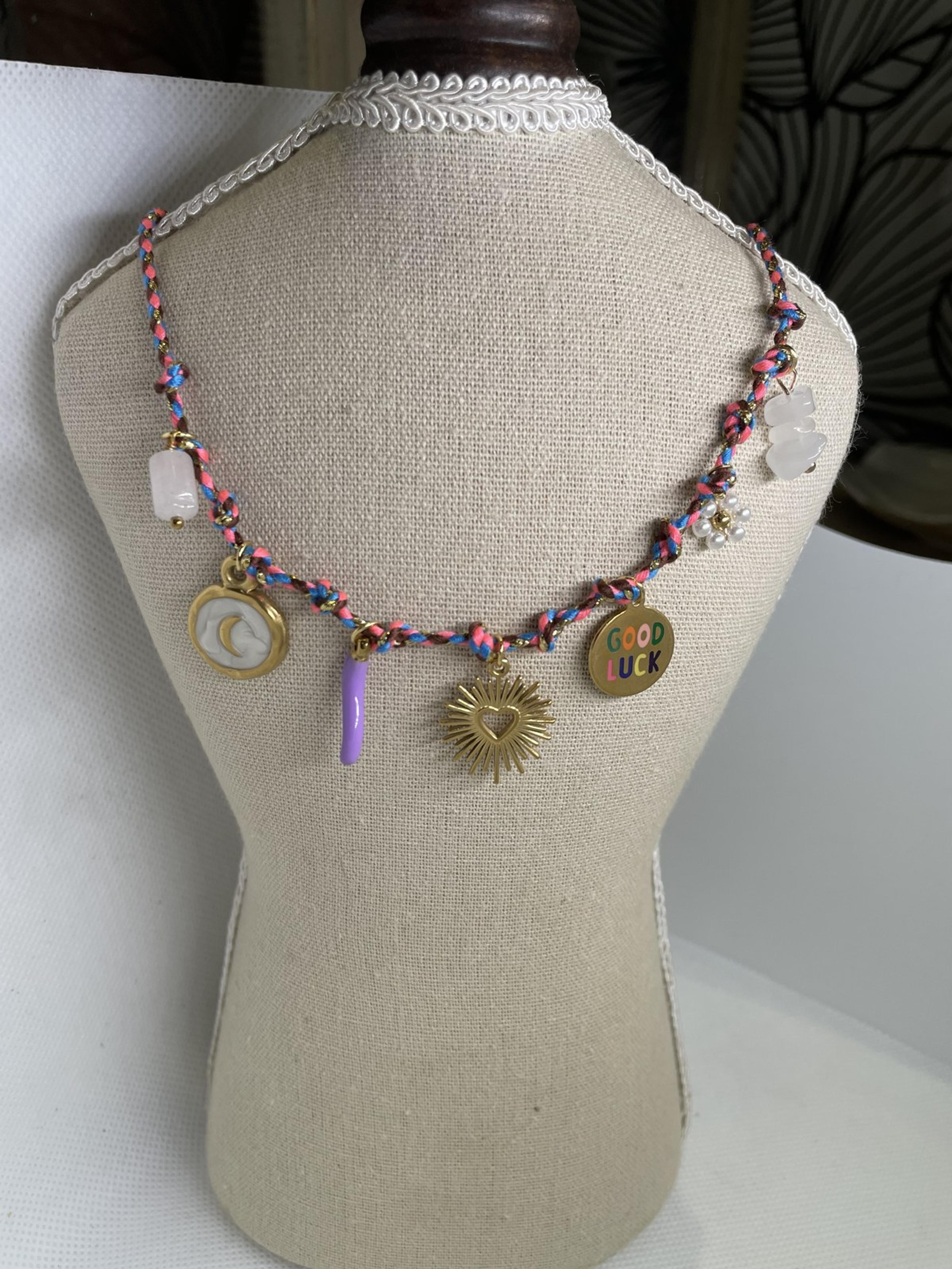 Pink & Blue Charm Necklace with Moon and Good Luck Charms