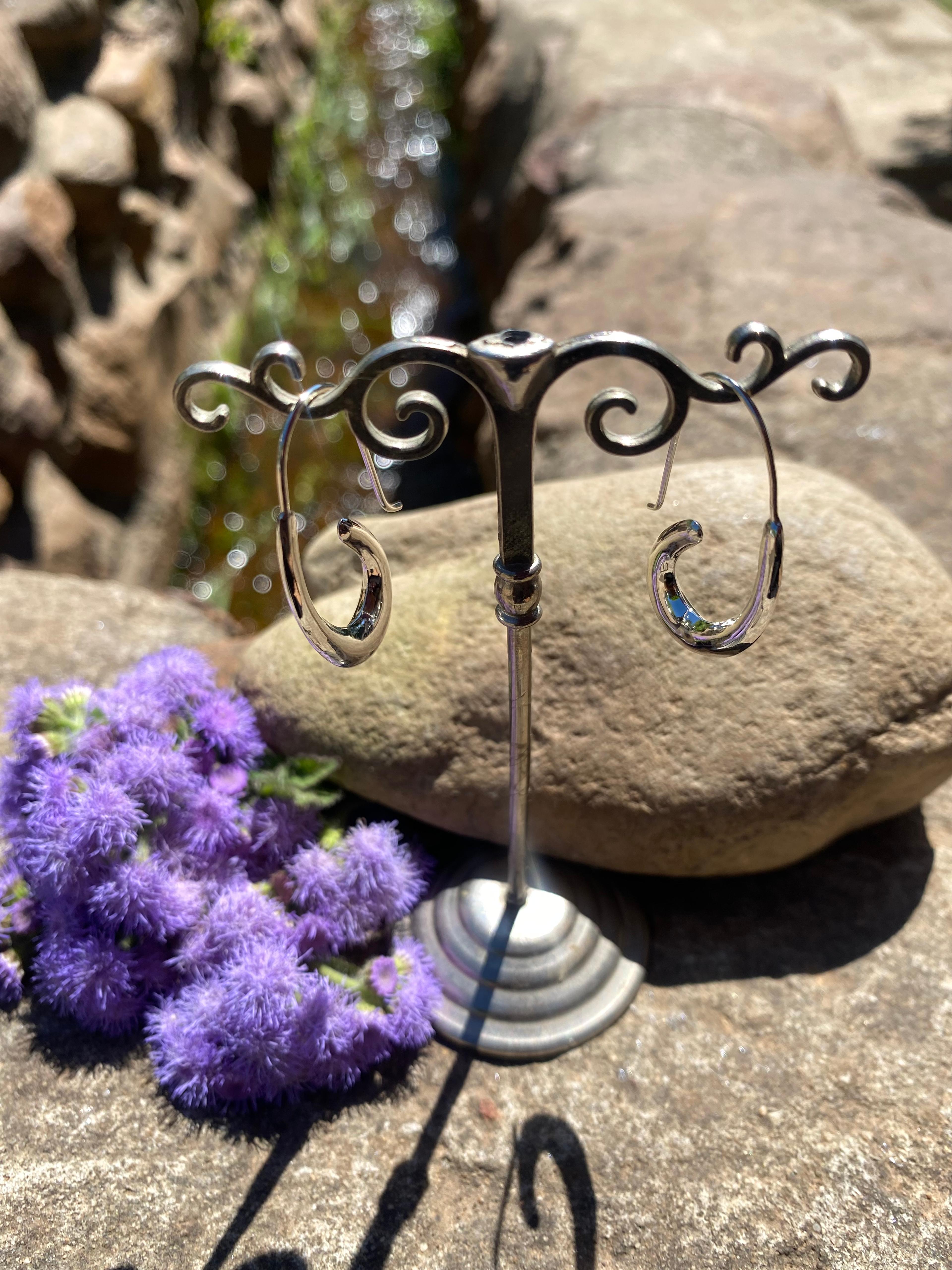 Sculptural .925 Sterling Silver Open Teardrop Hoop Earrings