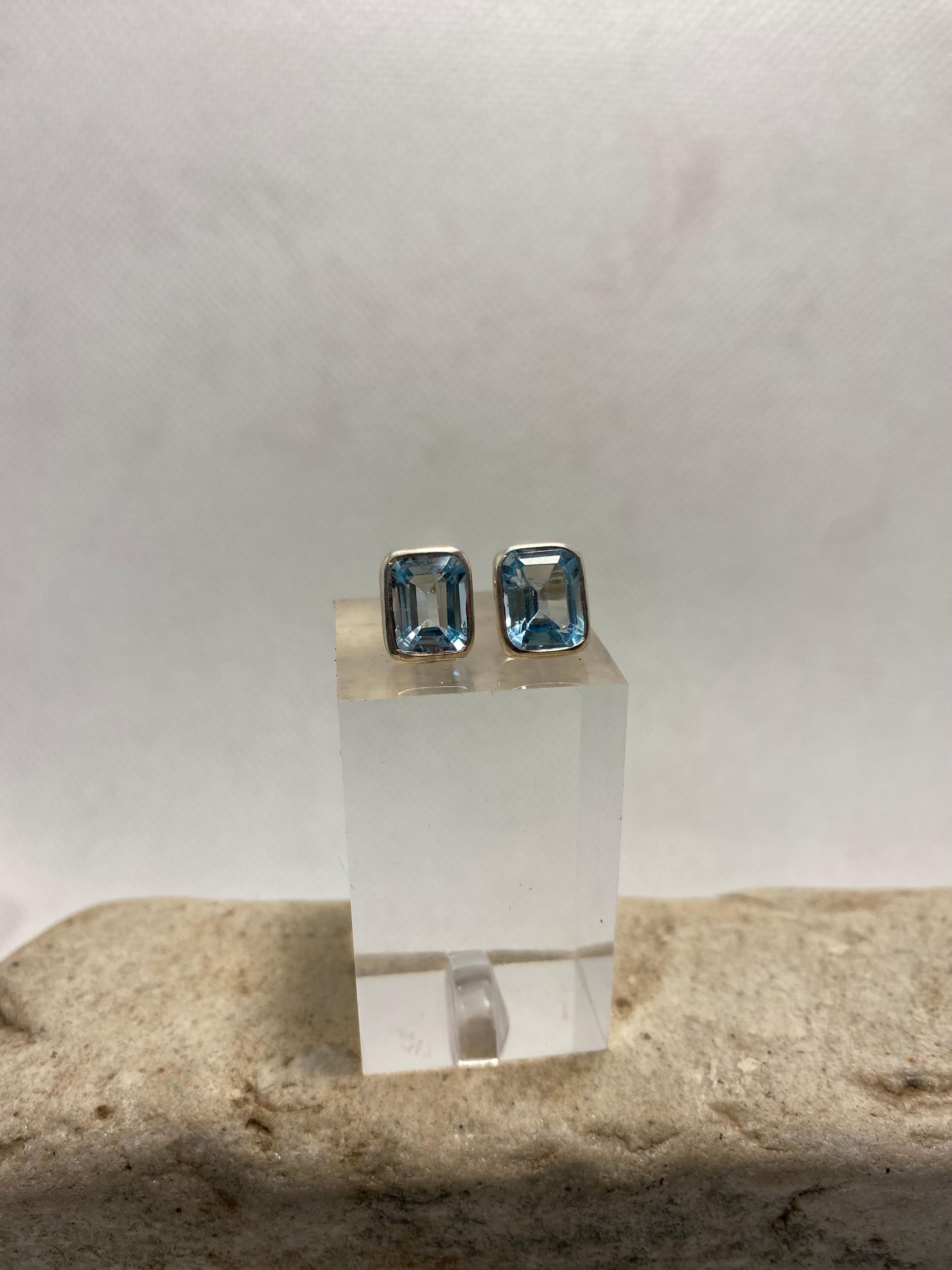 Emerald-Cut Blue Topaz Bezel Stud Earrings