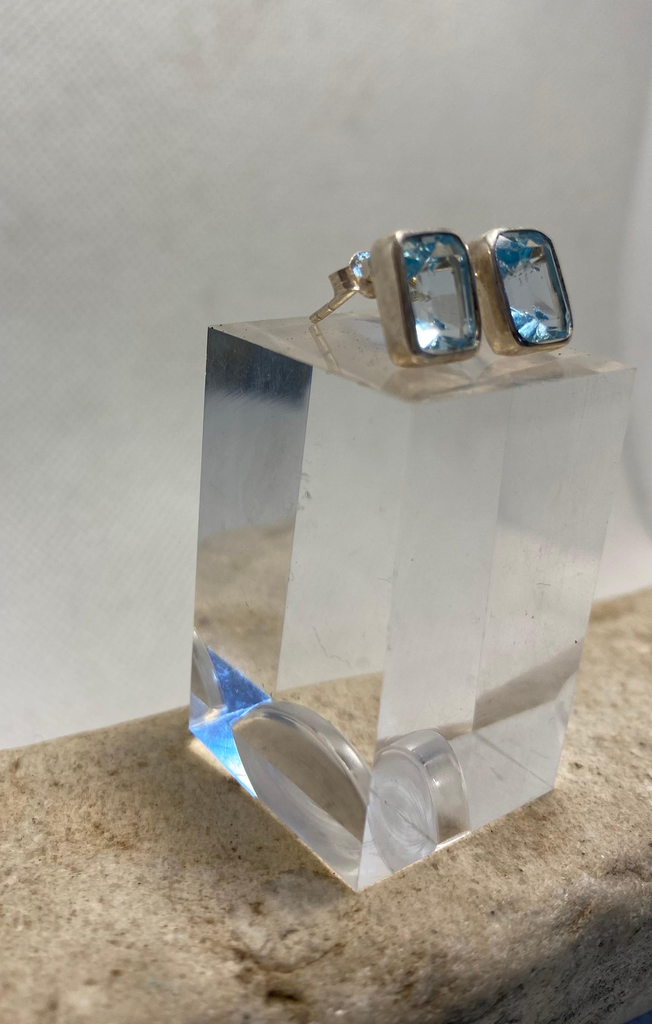 Emerald-Cut Blue Topaz Bezel Stud Earrings