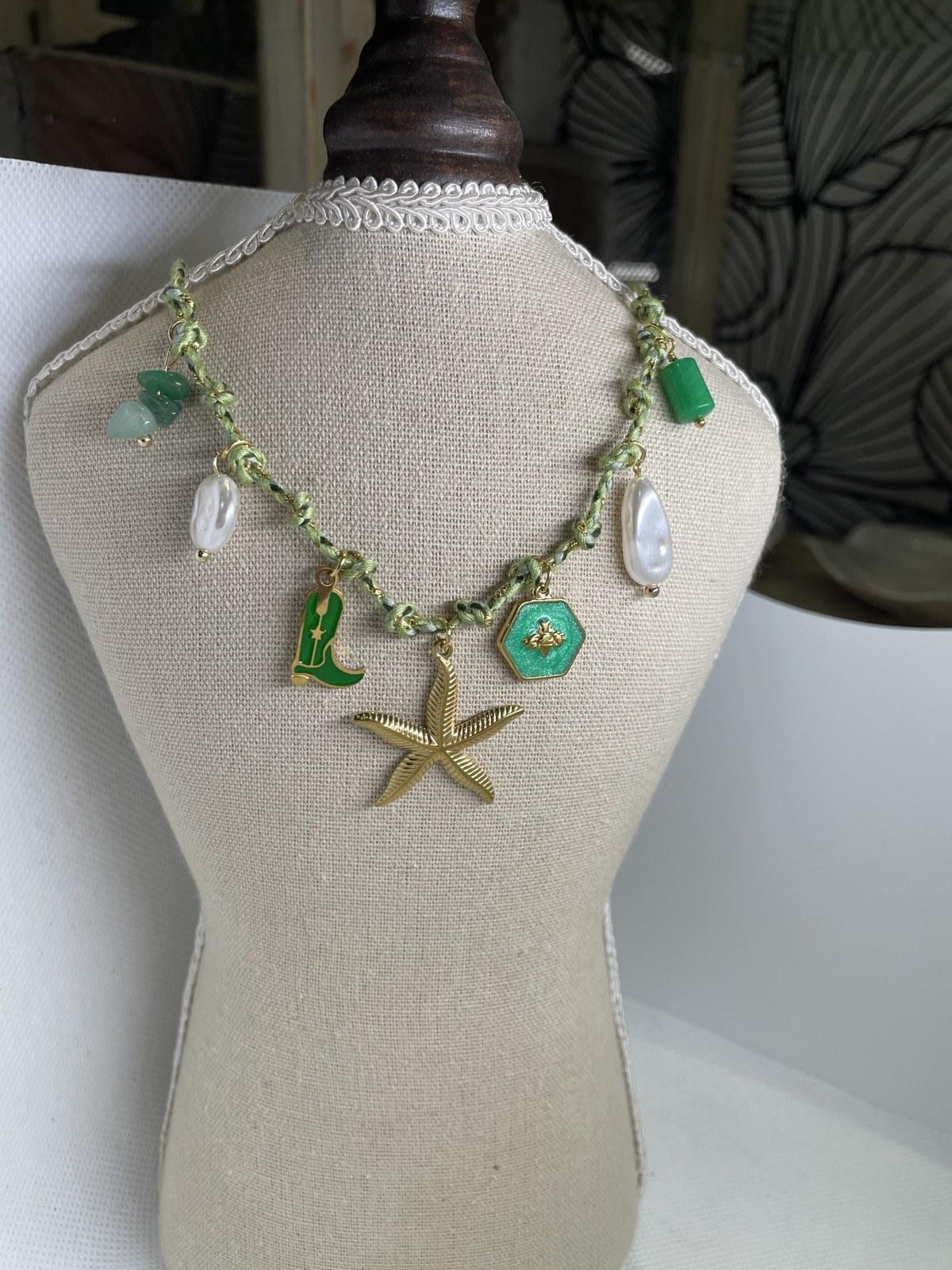 Green Cord Necklace with Starfish and Aventurine Charms