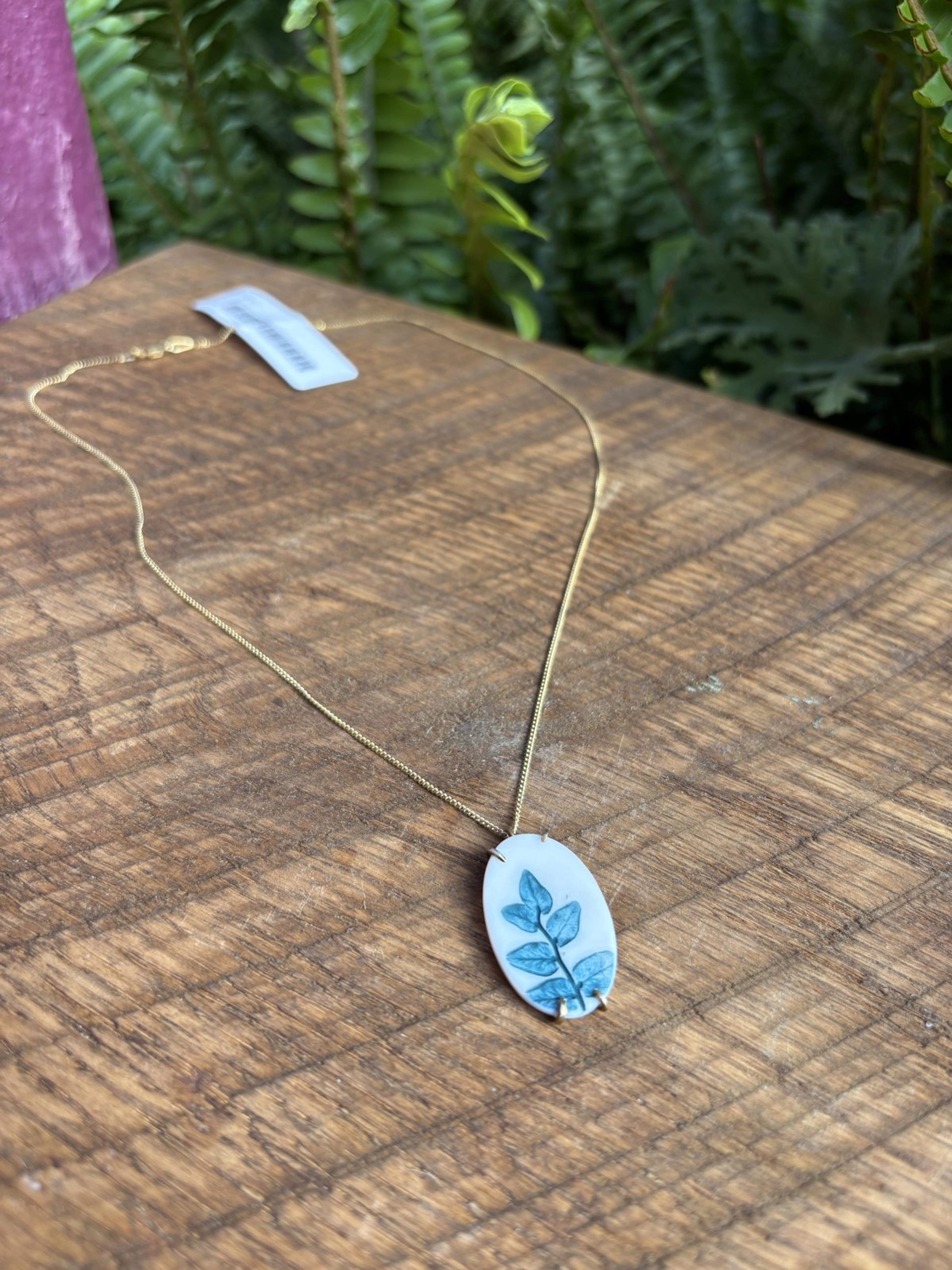 Fern Branch Oval Pendant Necklace