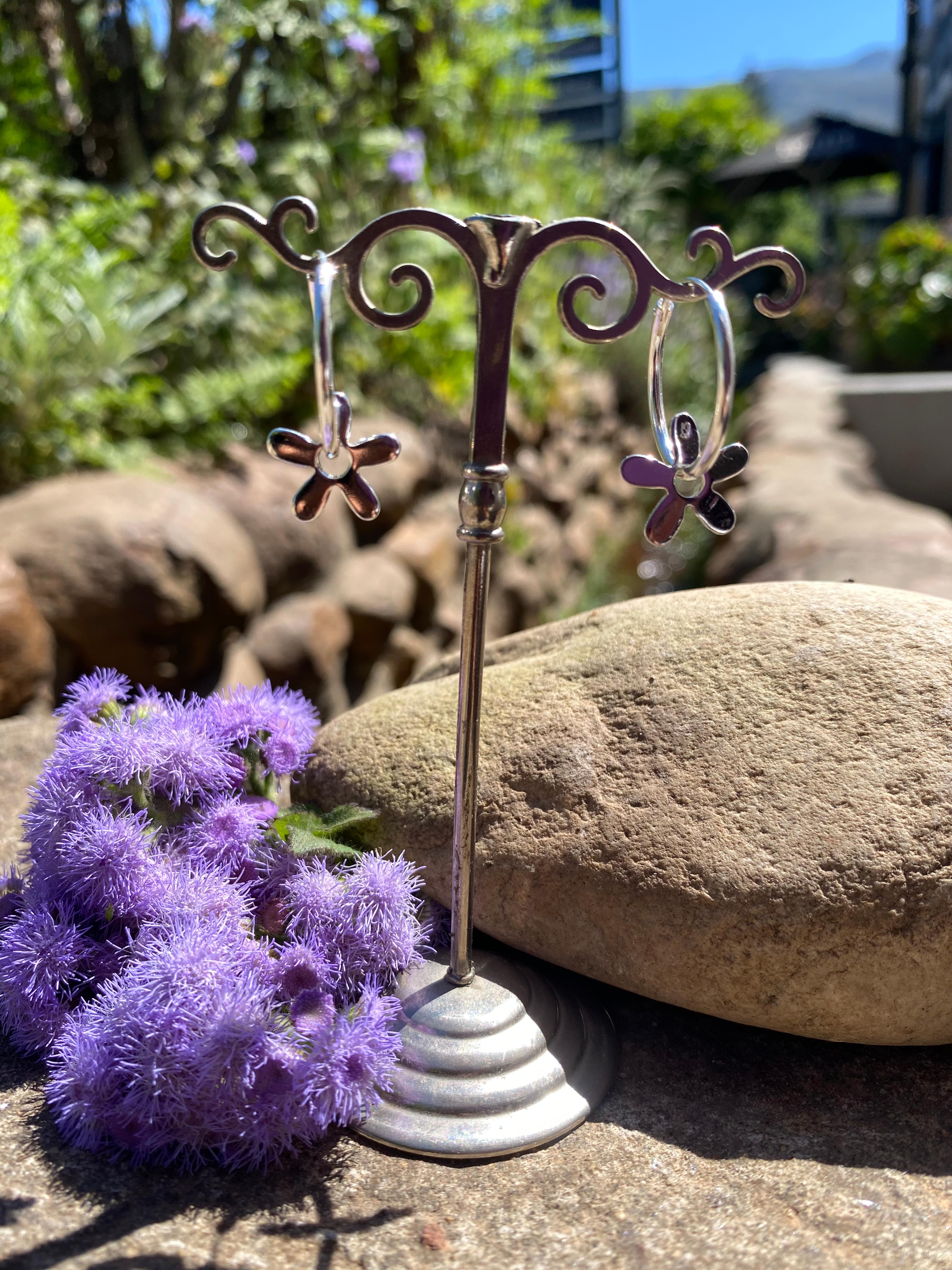 Silver Petal Charm Hoops