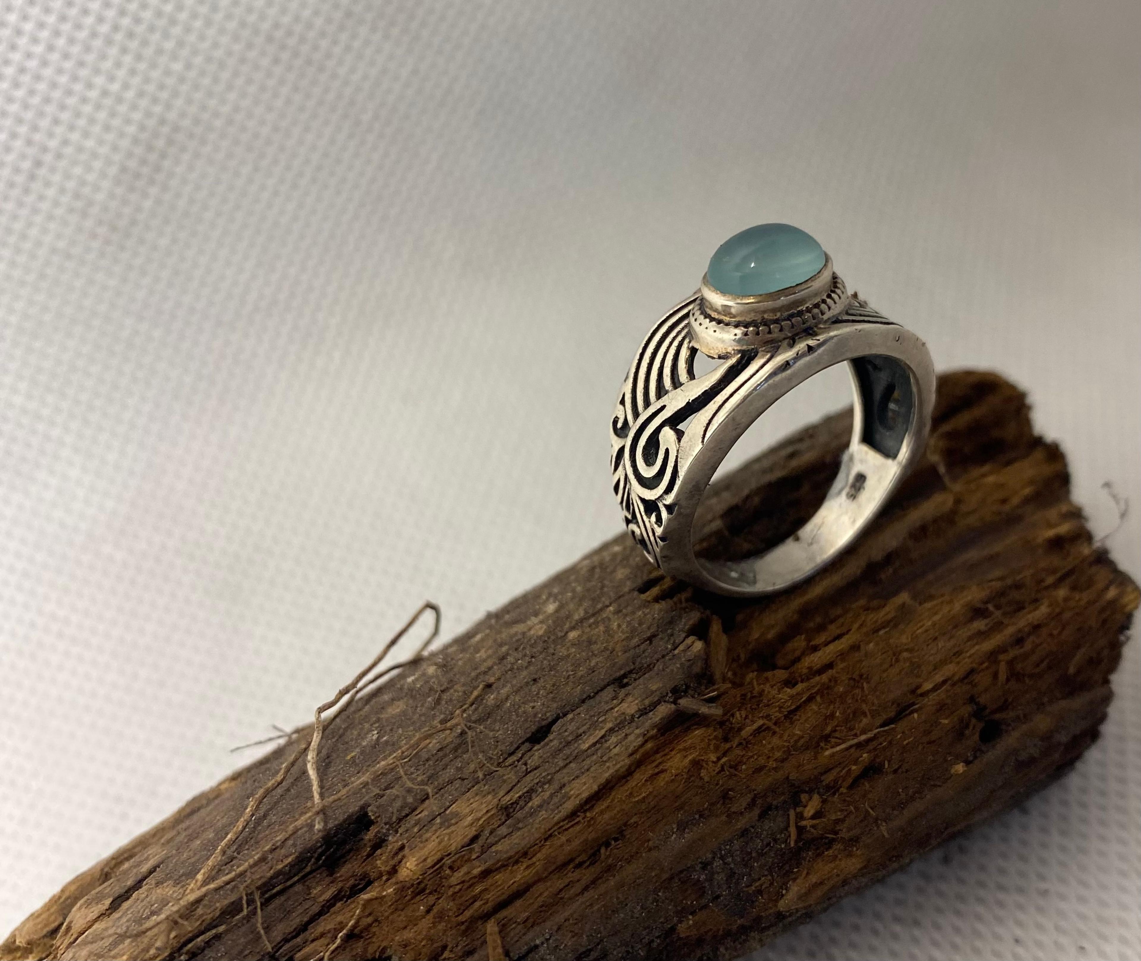 Aqua Chalcedony Ring in Ornate Cast Band