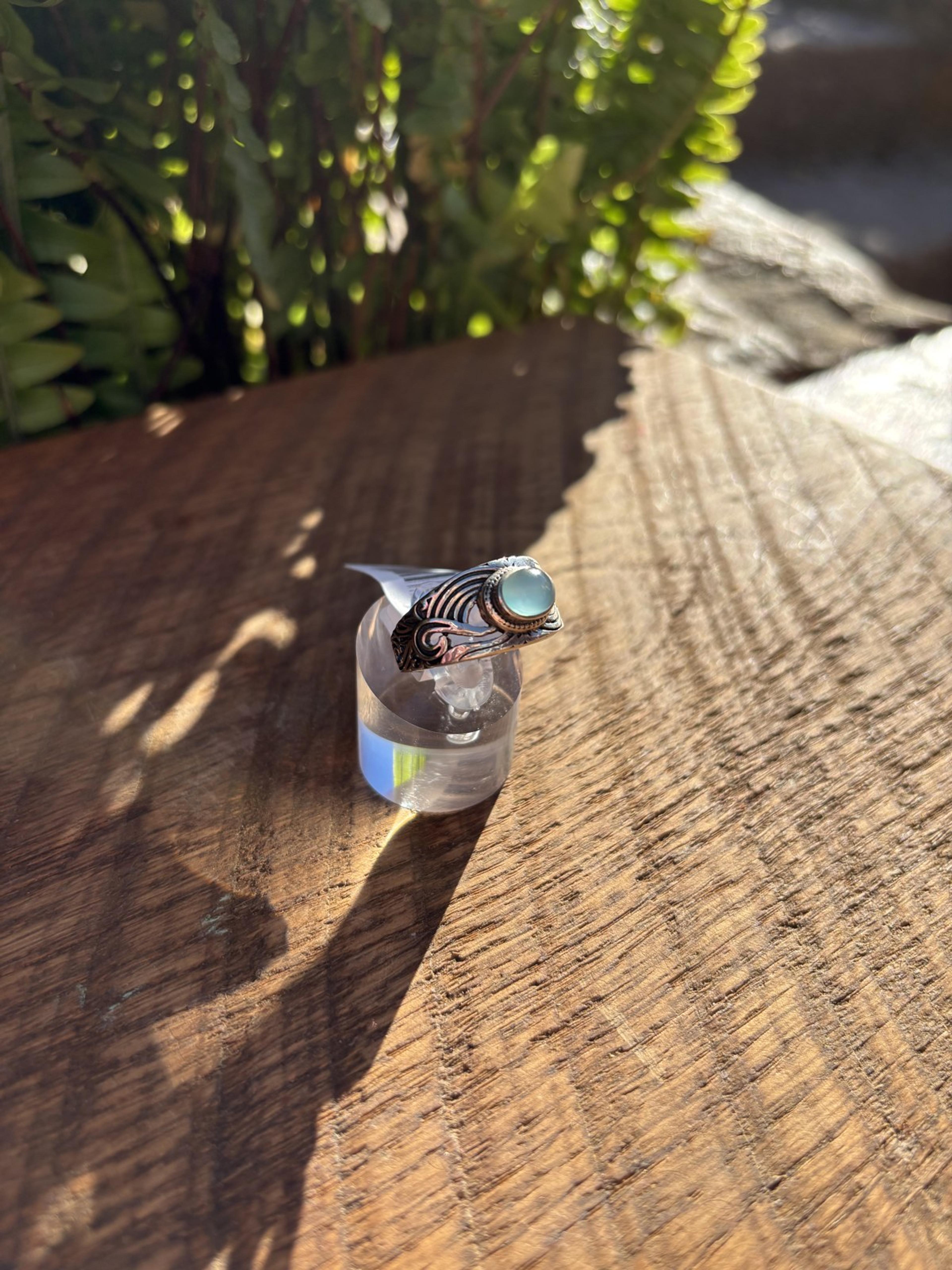 Aqua Chalcedony Ring in Ornate Cast Band