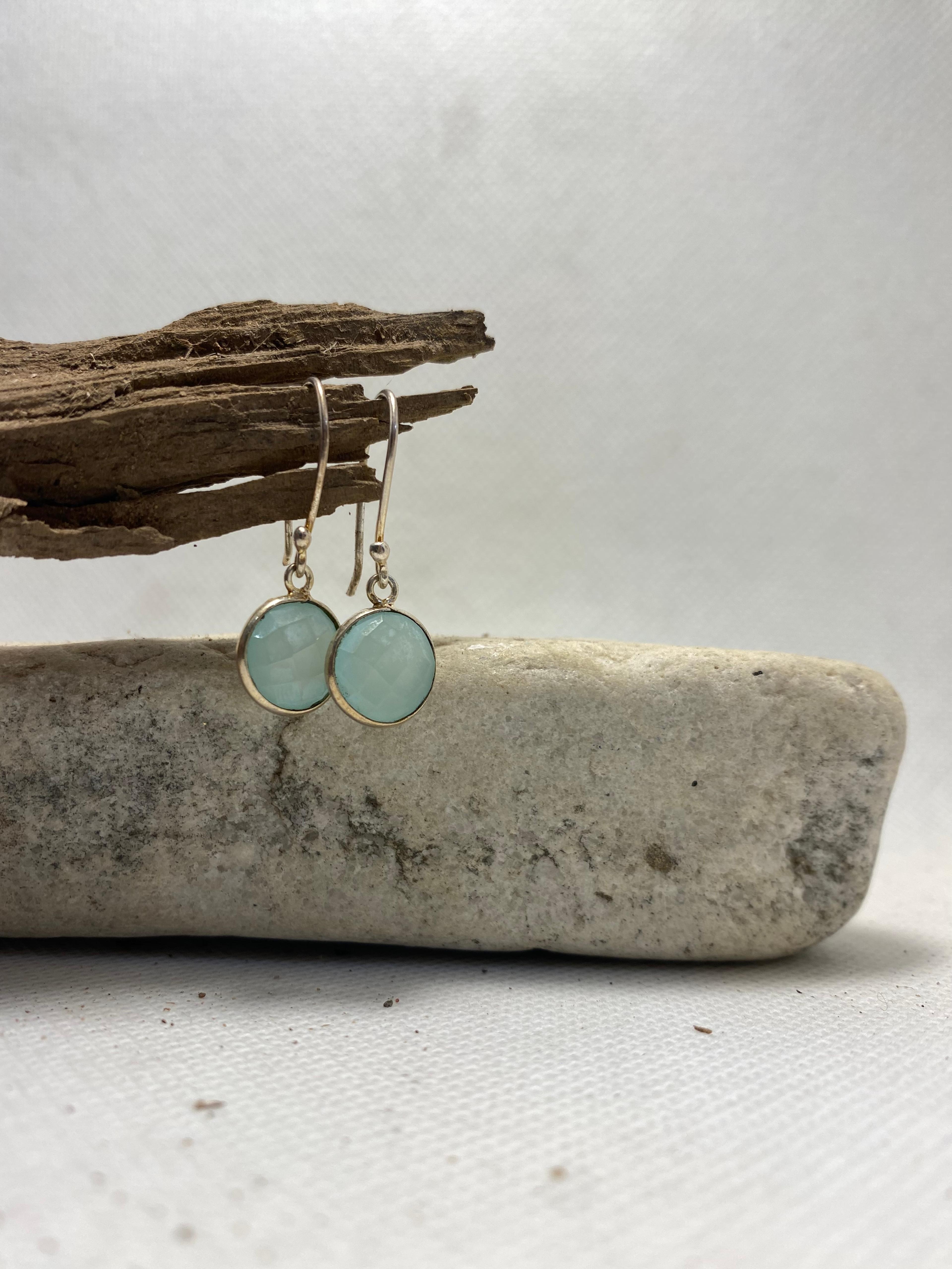 Aqua Chalcedony Round Drop Earrings