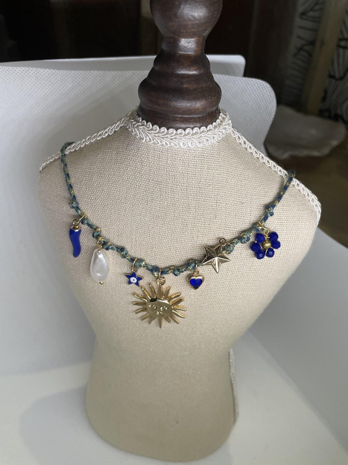 Blue & Green Cord Necklace with Gold Sunburst Charm