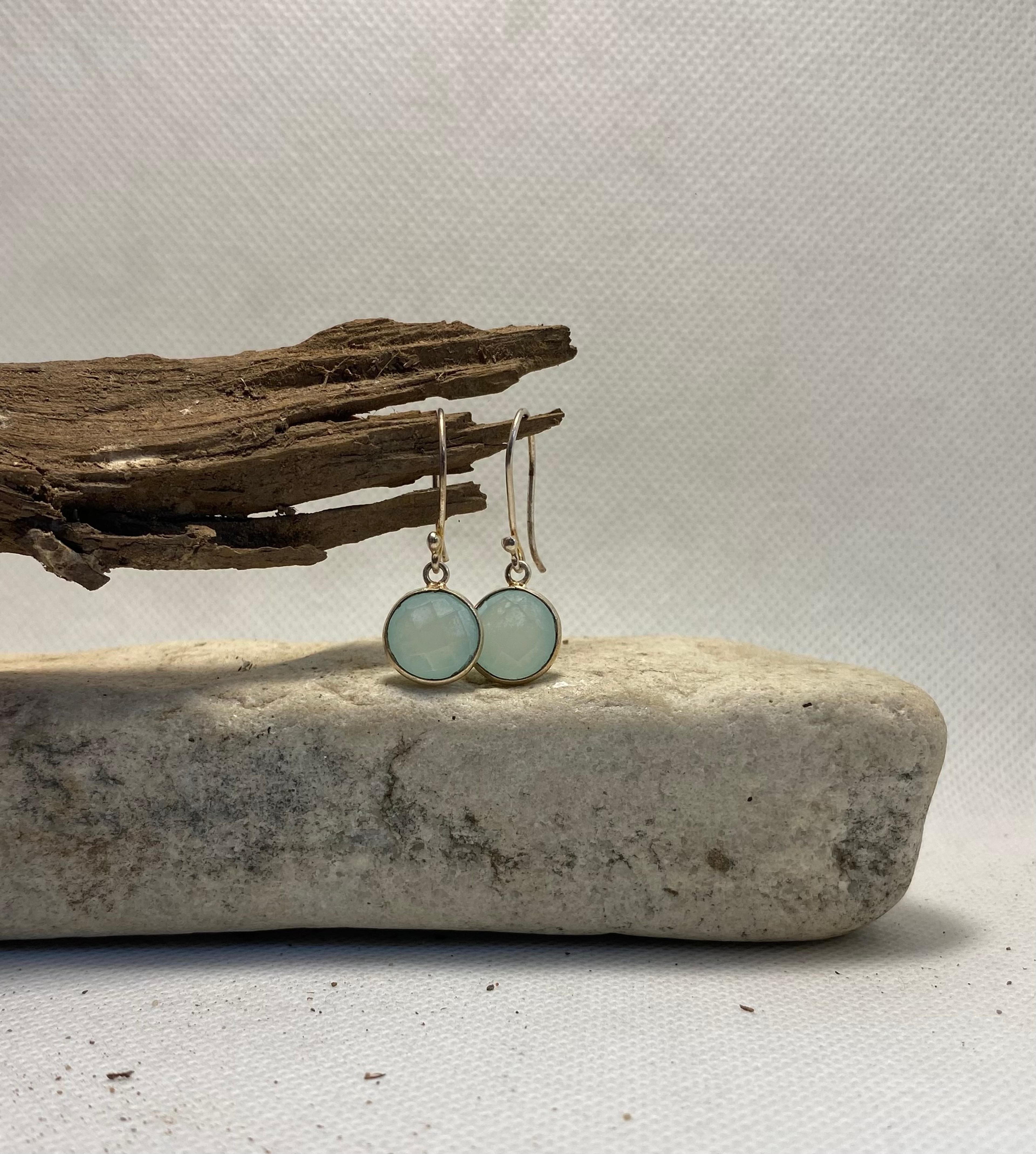 Aqua Chalcedony Round Drop Earrings
