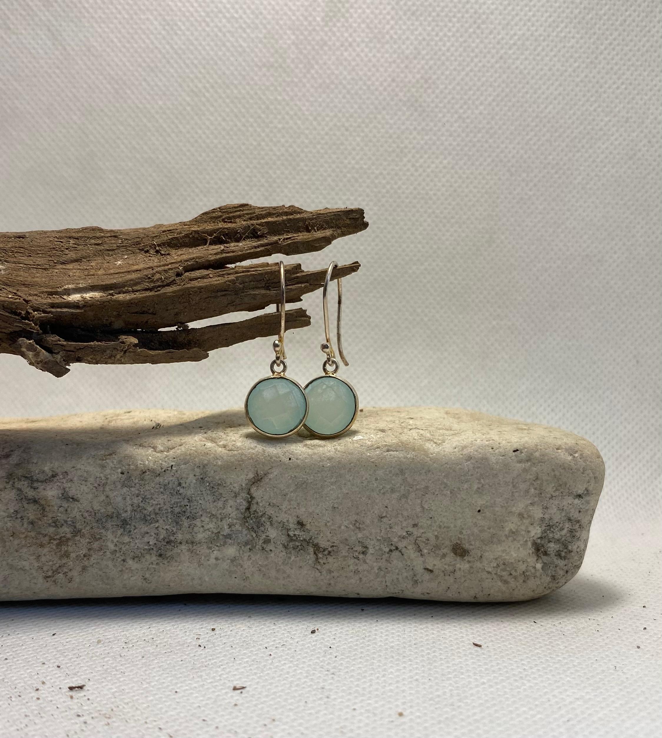Aqua Chalcedony Round Drop Earrings