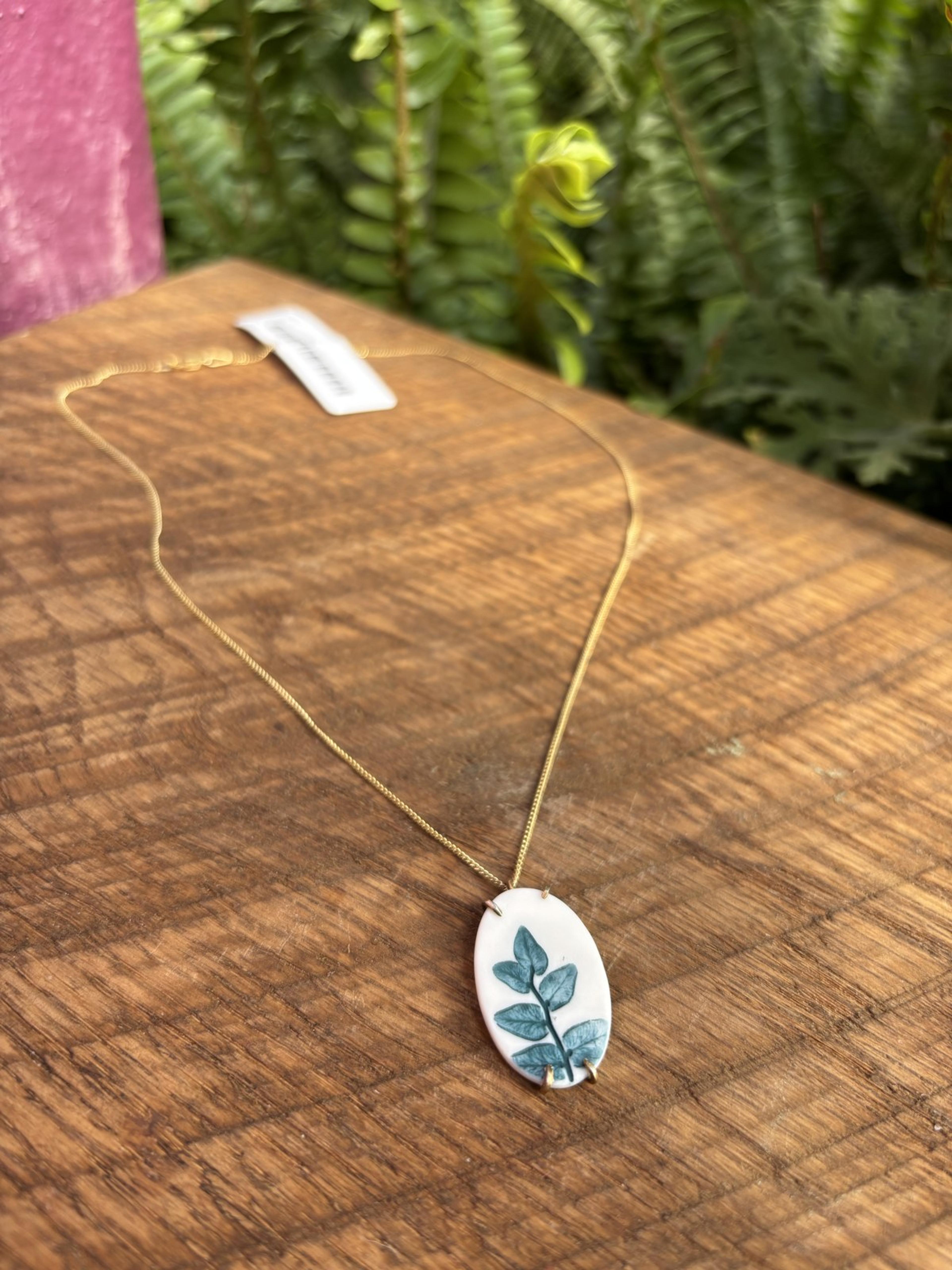 Fern Branch Oval Pendant Necklace